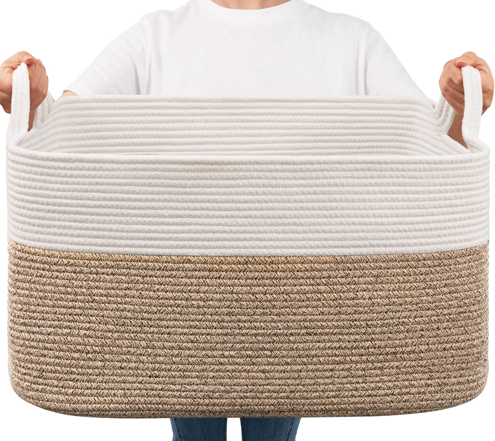 Goodpick Large Woven Blanket Basket, 21.6" x 14.9" x 11.8" Storage Baskets for Organizing, Rectangle Cotton Rope Toy Basket for Living Room, Bedroom, White & Brown