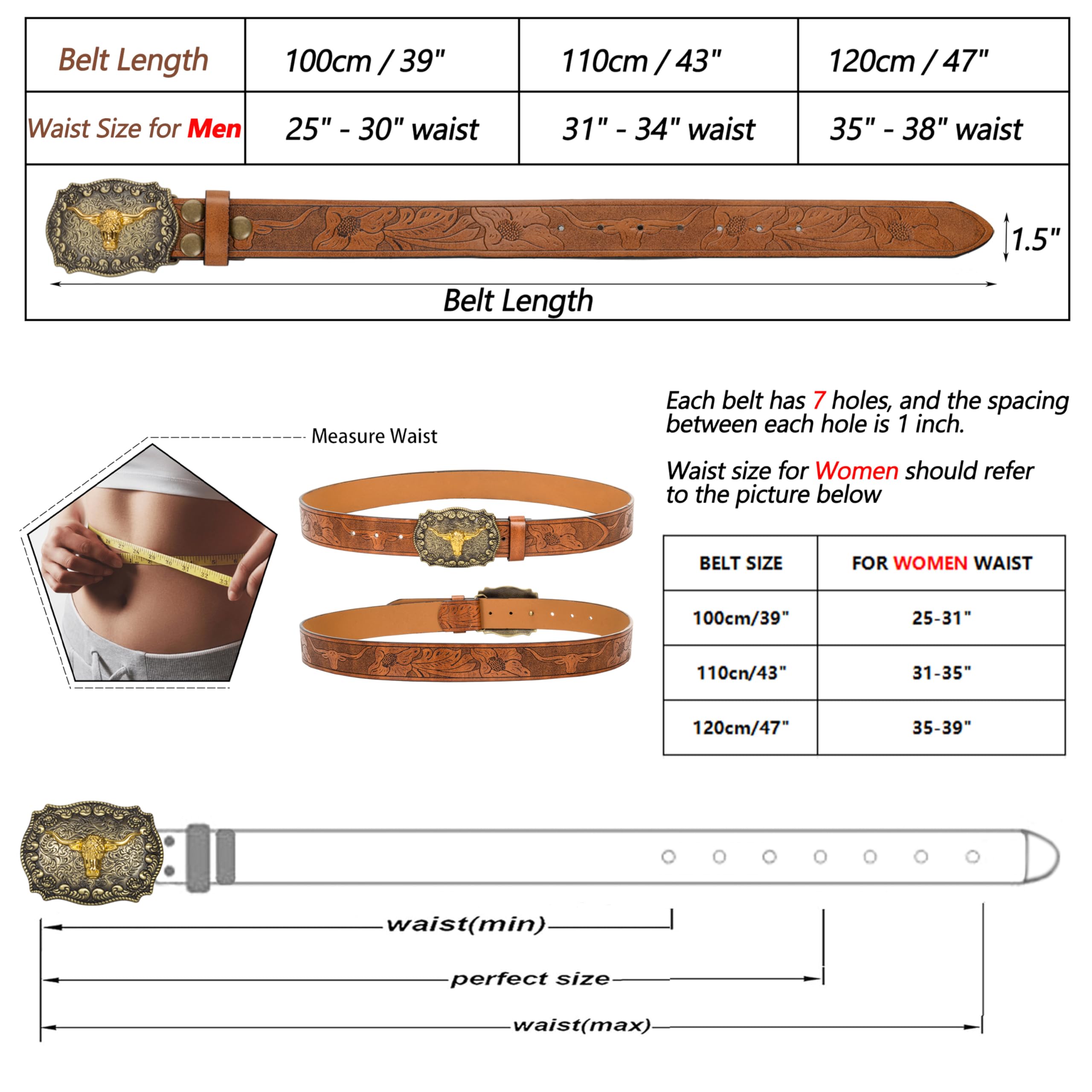Western Cowboy PU Leather Belt - Men Waist Strap Bull Decoration Floral Engraved for Jeans 31" to 34" Waist
