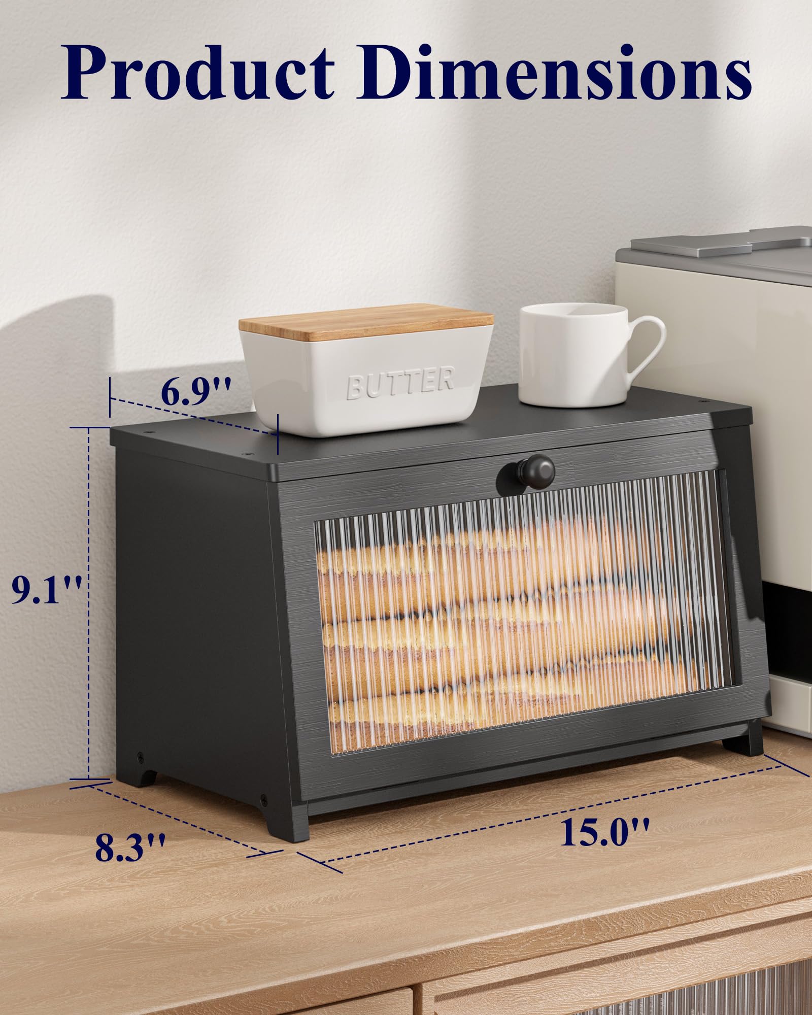 Kitsure Bread Box - Wooden Bread Box for Kitchen Countertop, Large Capacity Kitchen Countertop Organizer, Stylish Bread Storage with Window, Multi-functional Container, Black, 15.0"x8.3"x9.1" (1T)