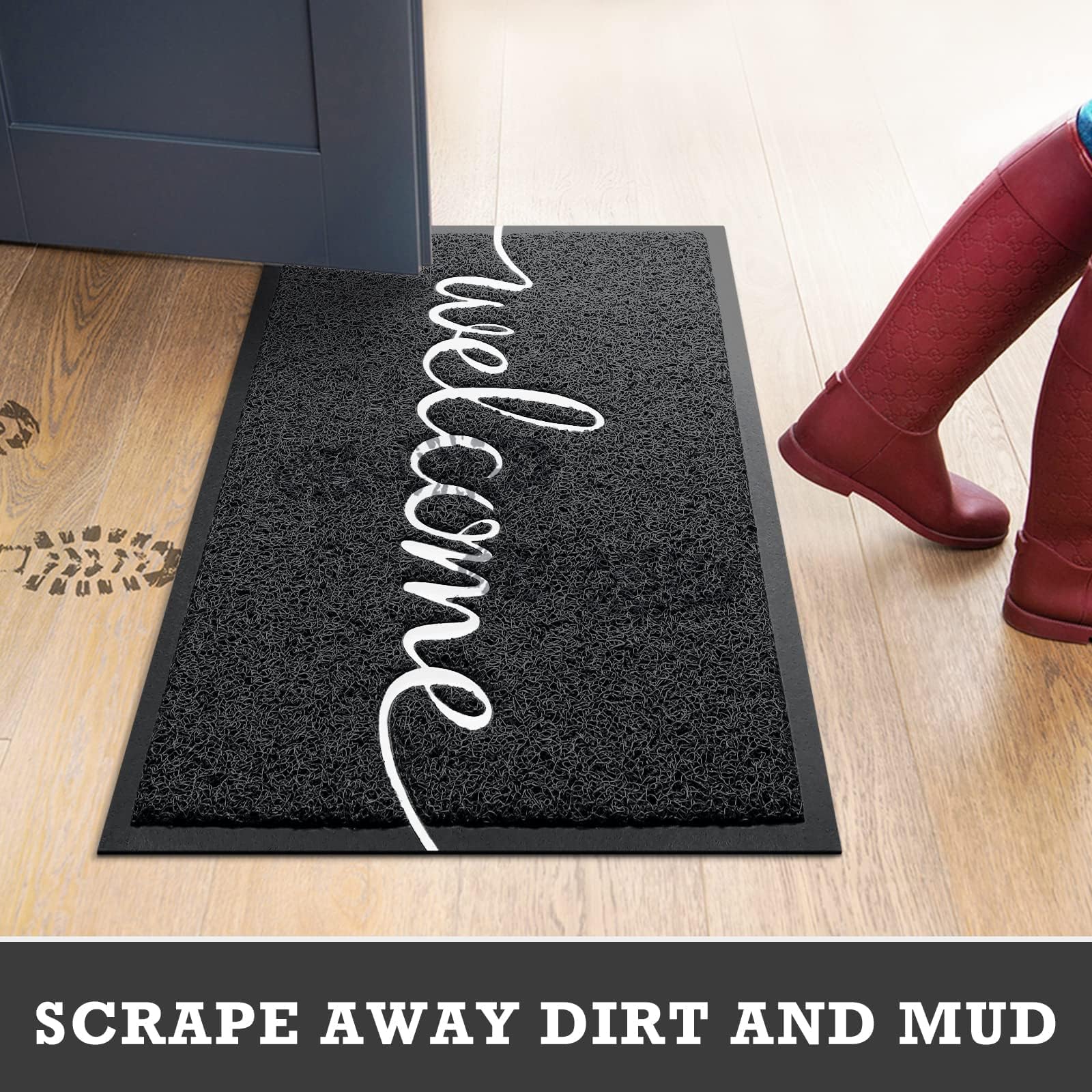 CozyBounty Black Door Mat Welcome Mats Outdoor Indoor Non-Slip Doormat for Entryway Low-Profile Floor Mat for Yard, Garage, High Traffic Areas (30"x17.5", Black)