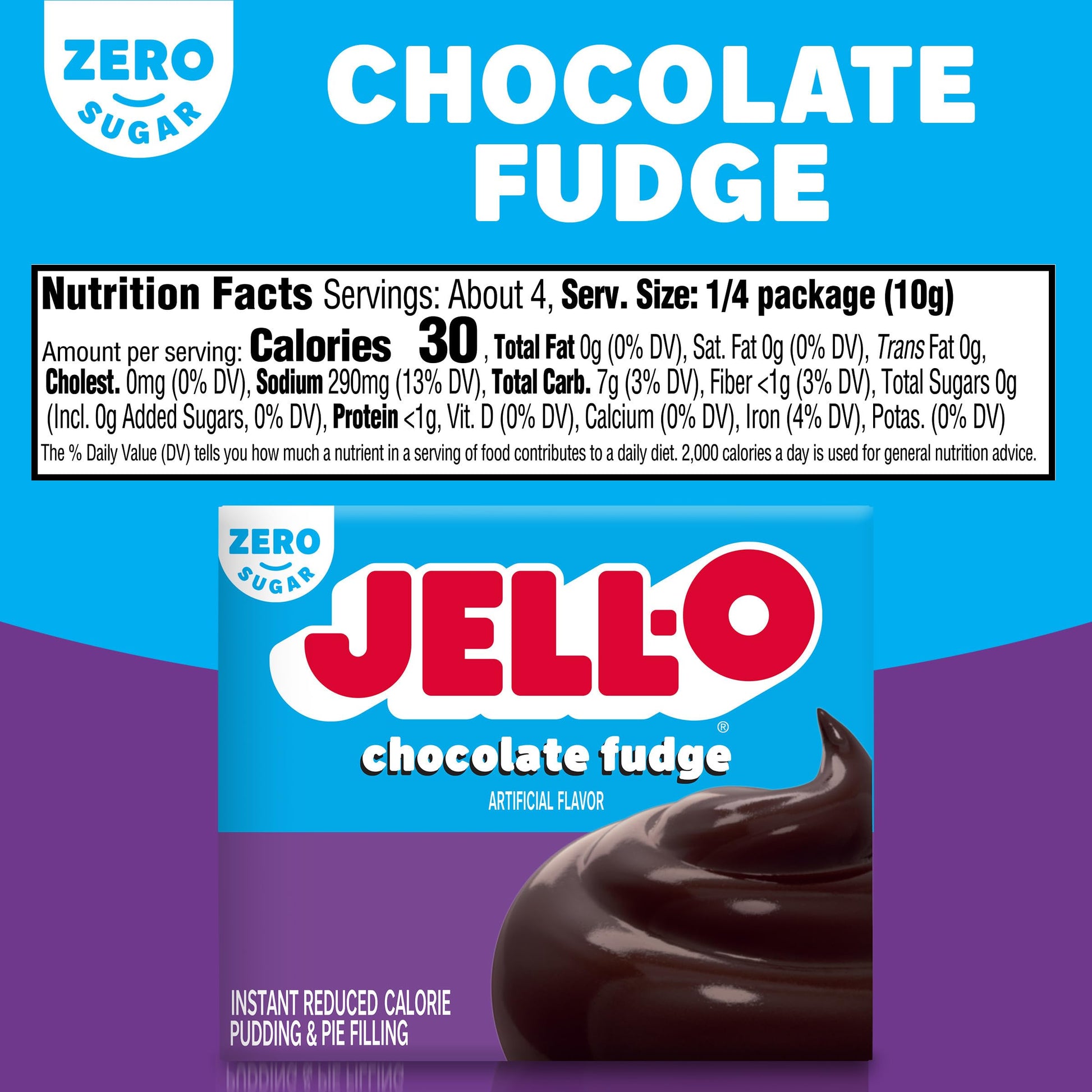 Jell-O Chocolate Fudge Zero Sugar Instant Reduced Calorie Pudding & Pie Filling Mix, 1.4 oz Box
