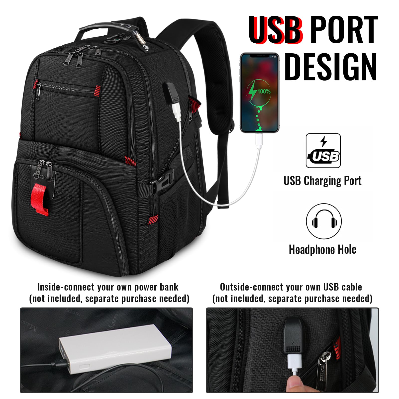 YOREPEK Travel Backpack, Extra Large 50L Laptop Backpacks for Men Women, Water Resistant College Backpacks Airline Approved Business Work Bag with USB Charging Port Fits 17 Inch Computer, Black