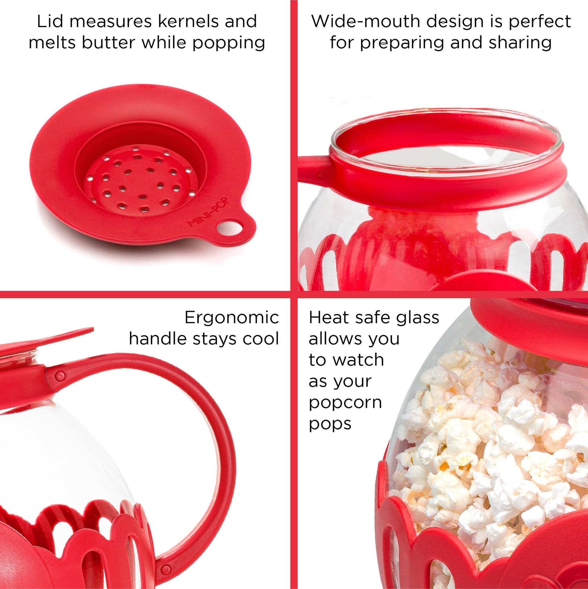Ecolution Patented Micro-Pop Microwave Popcorn Popper with Temperature Safe Glass, 3-in-1 Lid Measures Kernels and Melts Butter, Made Without BPA, Dishwasher Safe, 3-Quart, Red