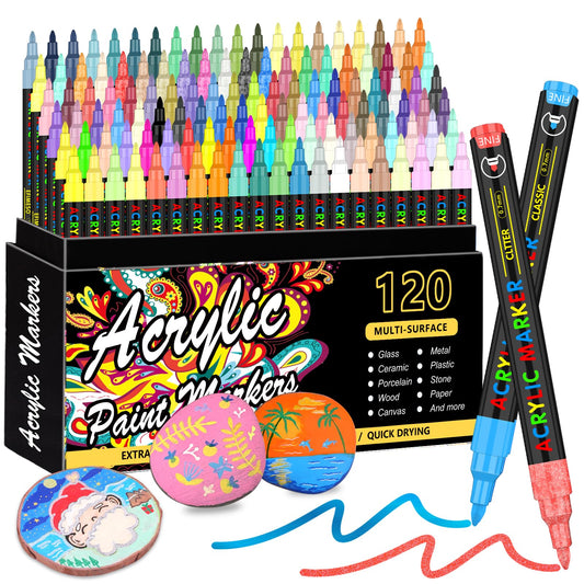 XPaoFey 120 Colors Acrylic Paint Pens, Acrylic Paint Markers, 0.7mm Extra Fine Tip Paint Pens for Rock Painting, Canvas, Wood, Stone, Ceramic, Glass, Fabric, DIY Crafts Making Art Supplies