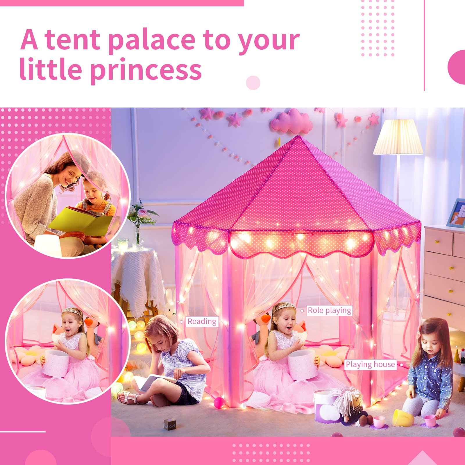 Sumbababy Princess Castle Tent for Girls Fairy Play Tents for Kids Hexagon Playhouse with Fairy Star Lights Toys for Children or Toddlers Indoor or Outdoor Games (Pink)