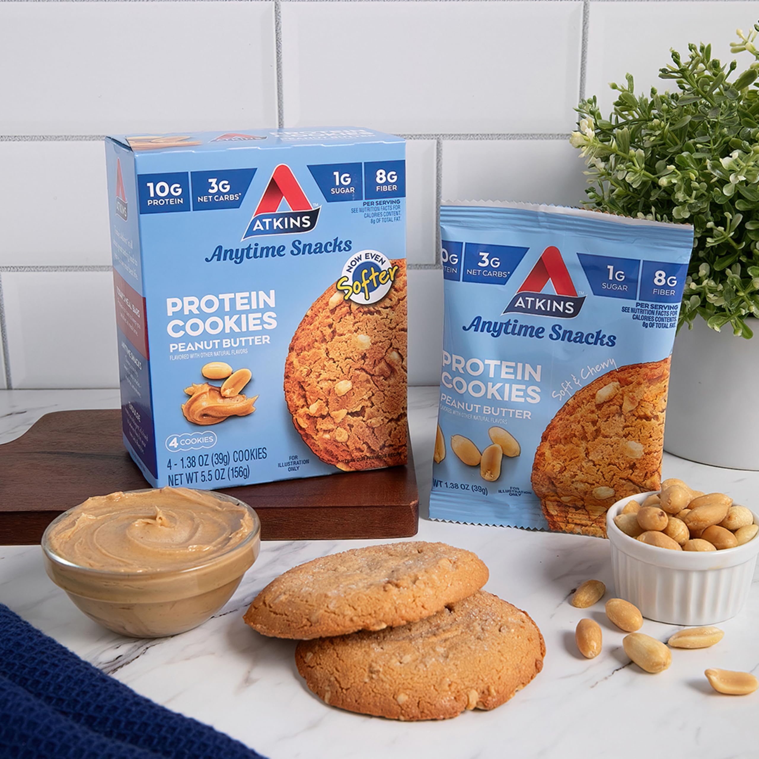 Atkins Peanut Butter Protein Cookie, Protein Dessert, Rich in Fiber, 3g Net Carb, 1g Sugar, Keto Friendly, 4 Count