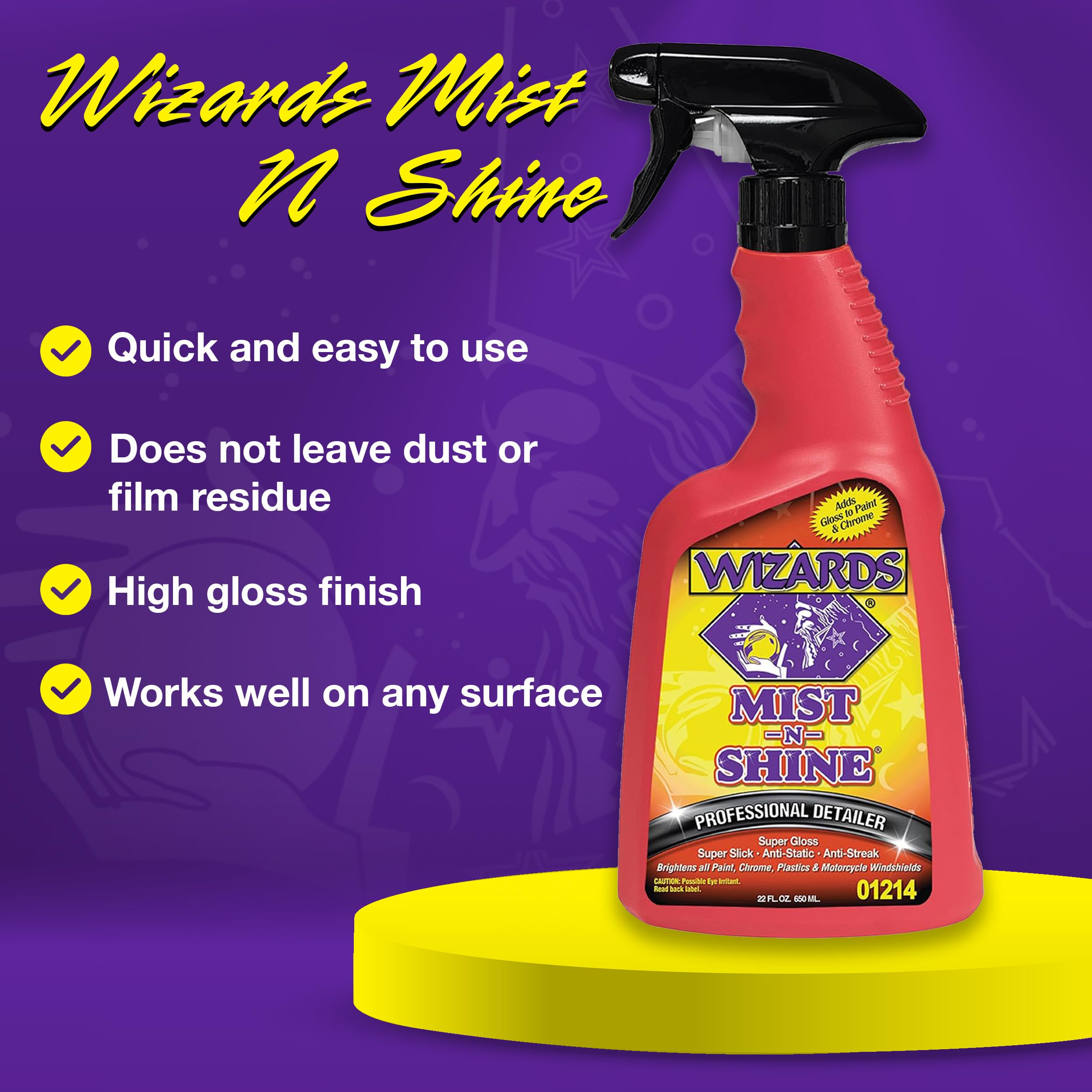 Wizards Mist-N-Shine Professional Detailer - Multi-Use Glass Cleaner for Vehicles - Adds Gloss to Paint, Chrome and Glass - 22 oz Detail Spray - Made in USA