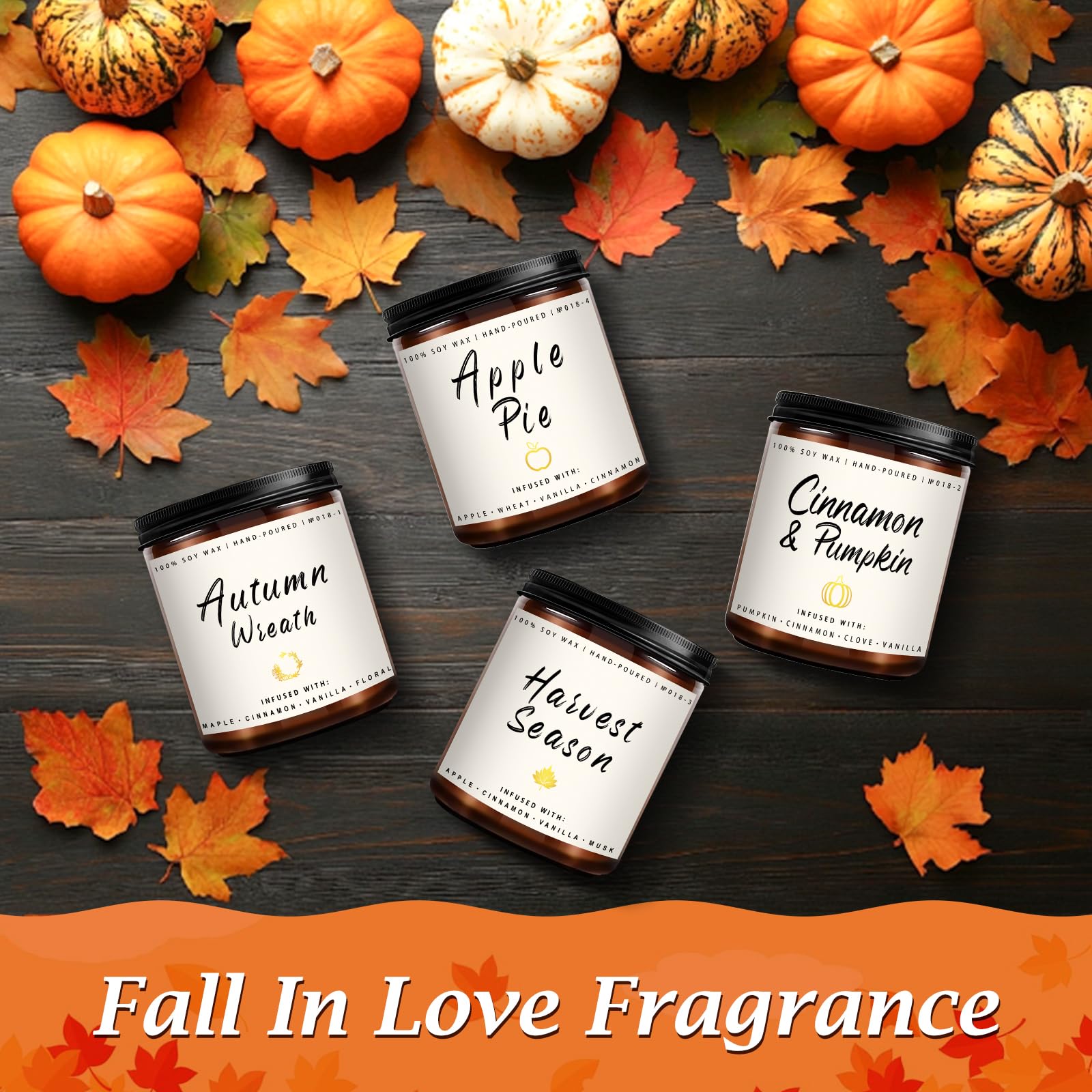 Auelife Fall Candle Set | 4 Pack Scented Candles for Home - Candle Gifts for Women Men, Soy Candles Home Scented | Autumn Fragrance of - Apple Pie/Cinnamon/Harvest/Wreath
