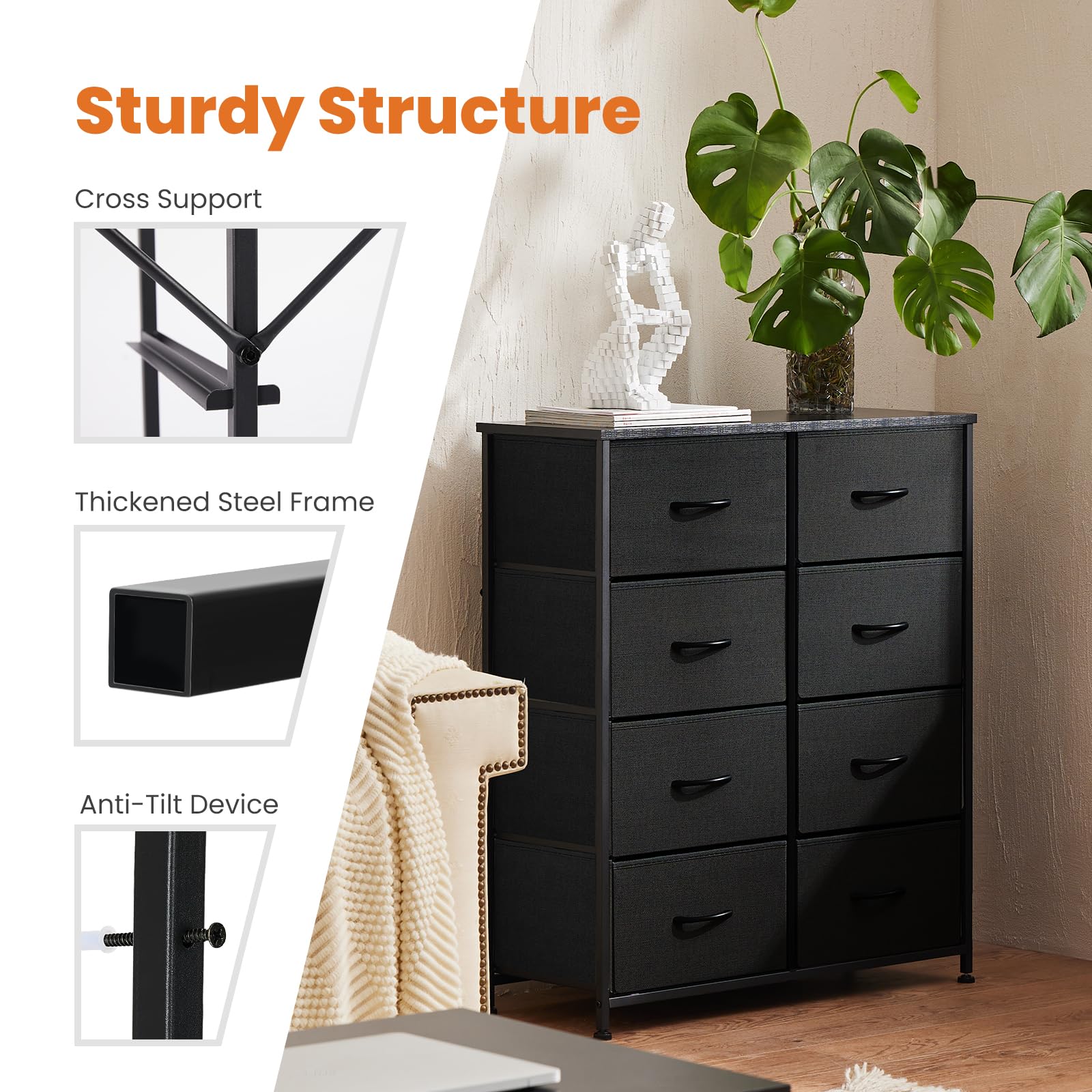 Sweetcrispy Dresser, Dresser for Bedroom Drawer Organizer Storage Drawers, Fabric Storage Tower with 8 Drawers, Chest of Drawers with Steel Frame, Wood Top for Nursery, Living Room, Closet