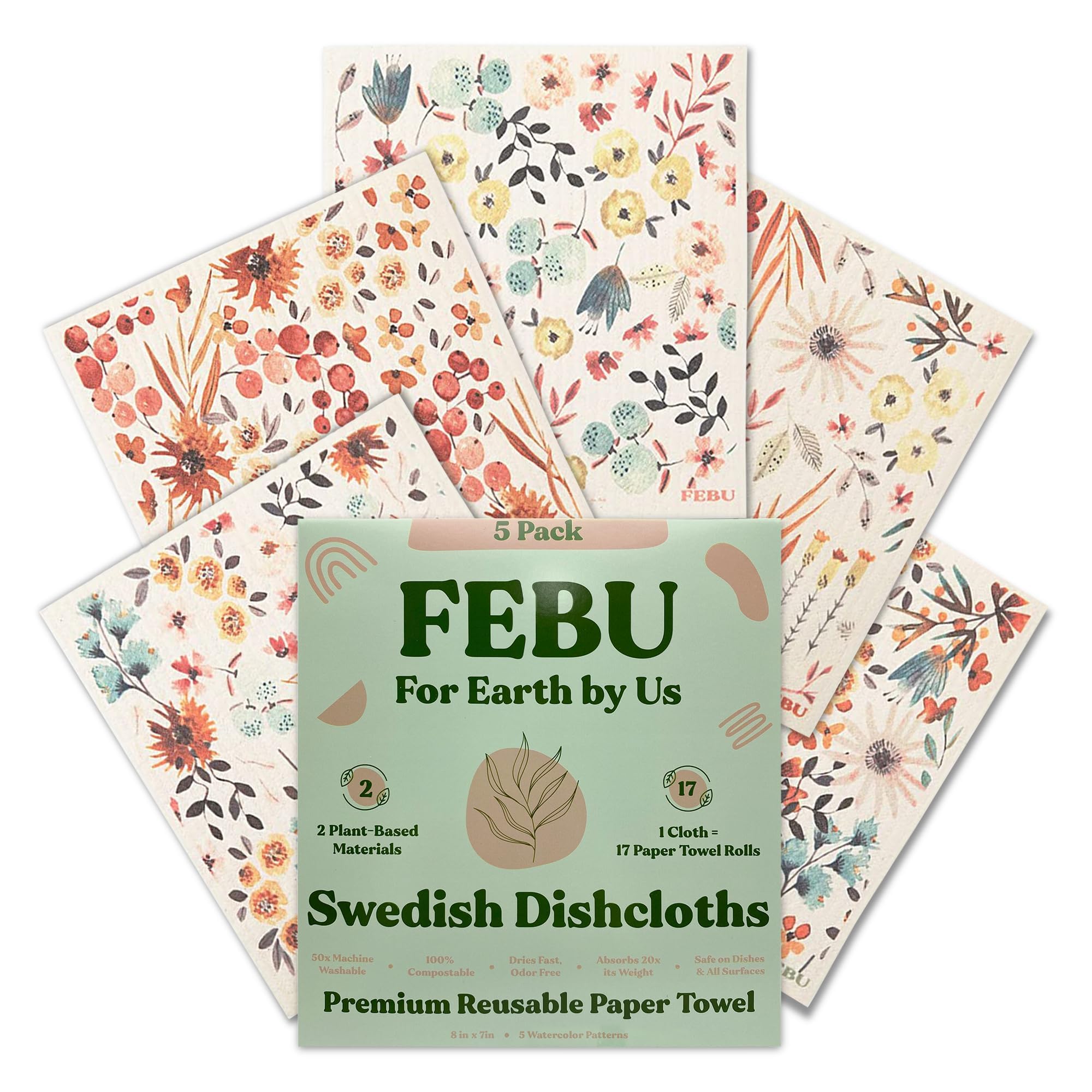 FEBU Swedish Dishcloths for Kitchen | 5 Pack Watercolor Dish Towels | Reusable Paper Towels Washable | Non-Scratch Cellulose Sponge Cloths | No Odor, Biodegradable, Swedish Cloths