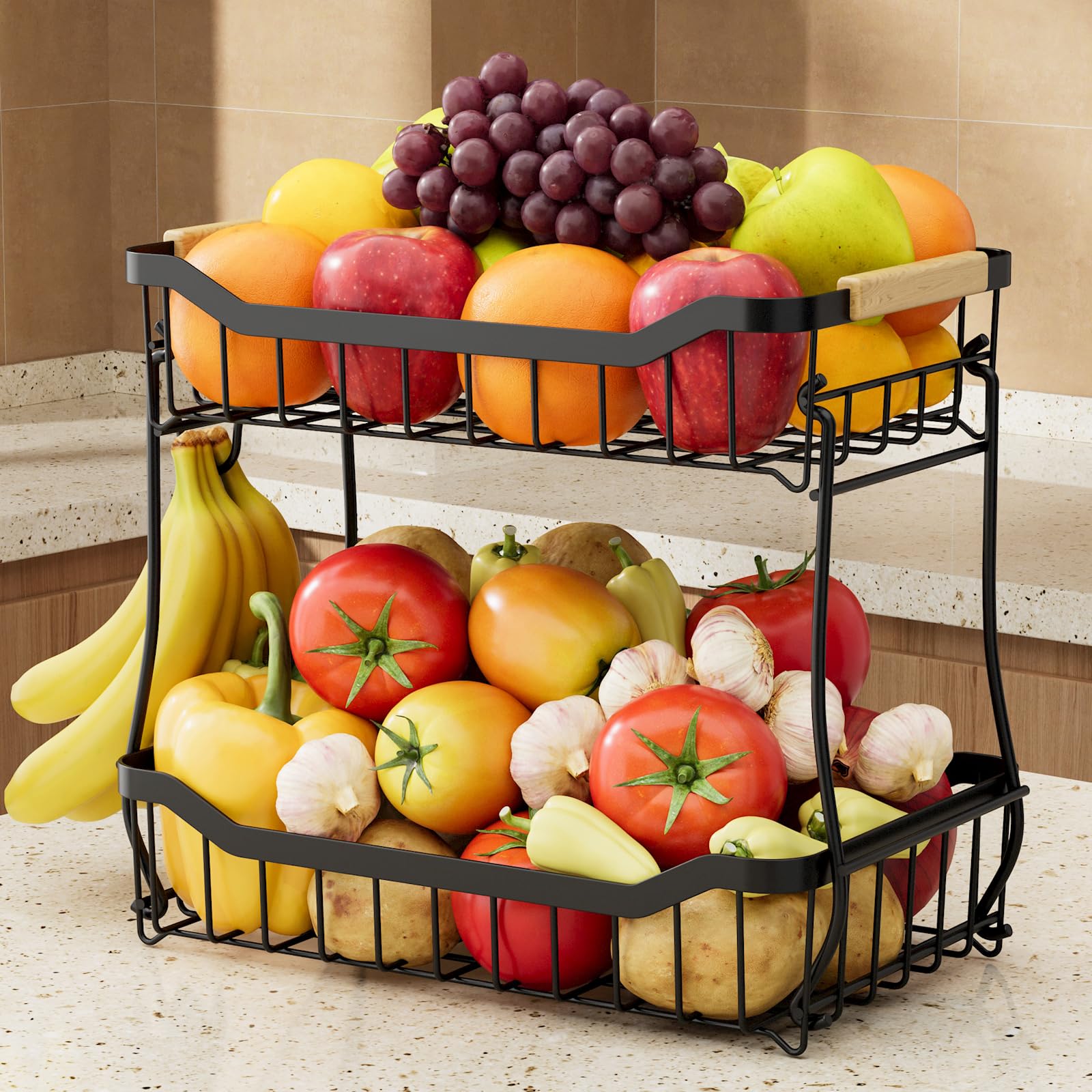 Sakugi Fruit Basket for Kitchen Counter - 2 Tier Detachable Fruit Vegetable Basket with Banana Hanger, Metal Countertop Fruit Stand with Wooden Handle, Black,7.3" D x 11.2" W x 10.3" H