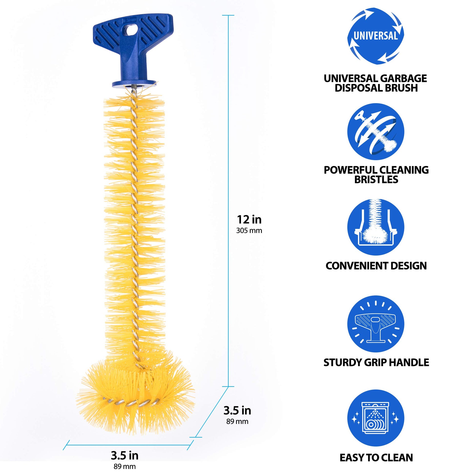 Mr. Scrappy Universal Garbage Disposal Brush, Sturdy Grip Handle, 11-Inches,Yellow