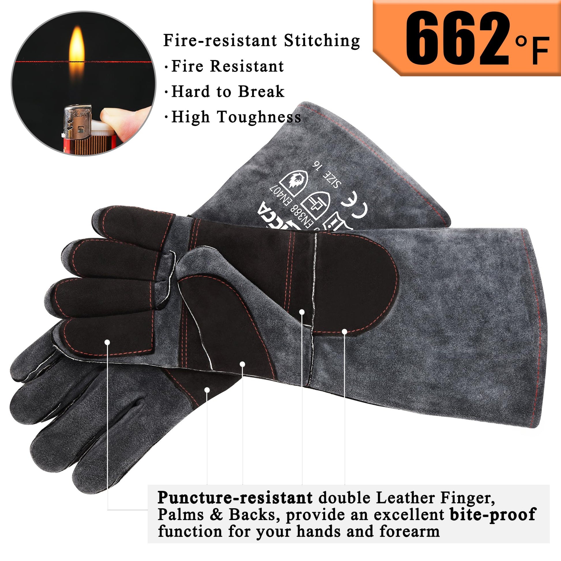 RAPICCA Animal Handling Gloves Bite Proof Double Leather Reinforced Padding Dog,Cat Scratch,Bird Handling Falconry Gloves Grabbing Reptile Squirrel Snake Bite 16in Grey-Black