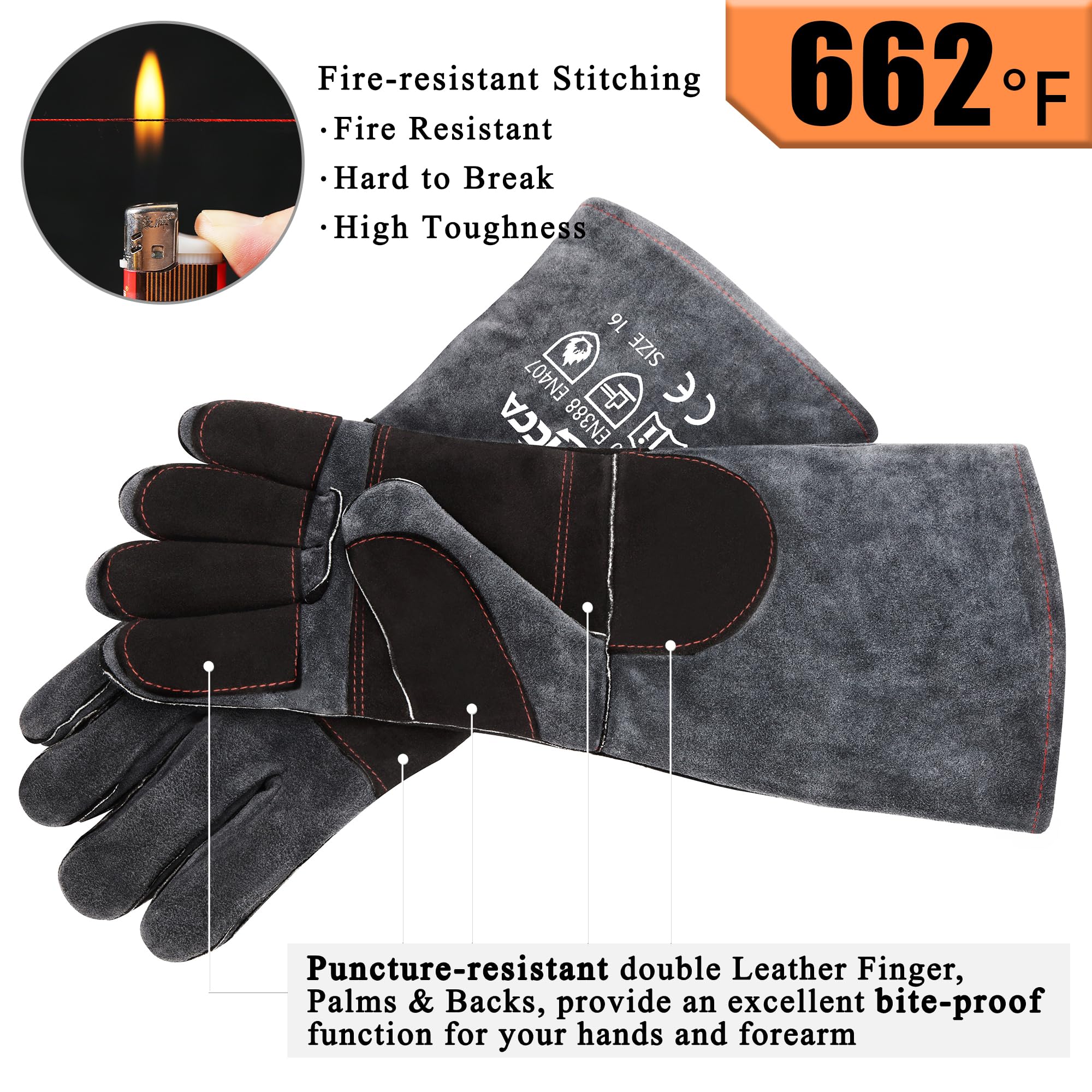 RAPICCA Animal Handling Gloves Bite Proof Double Leather Reinforced Padding Dog,Cat Scratch,Bird Handling Falconry Gloves Grabbing Reptile Squirrel Snake Bite 16in Grey-Black