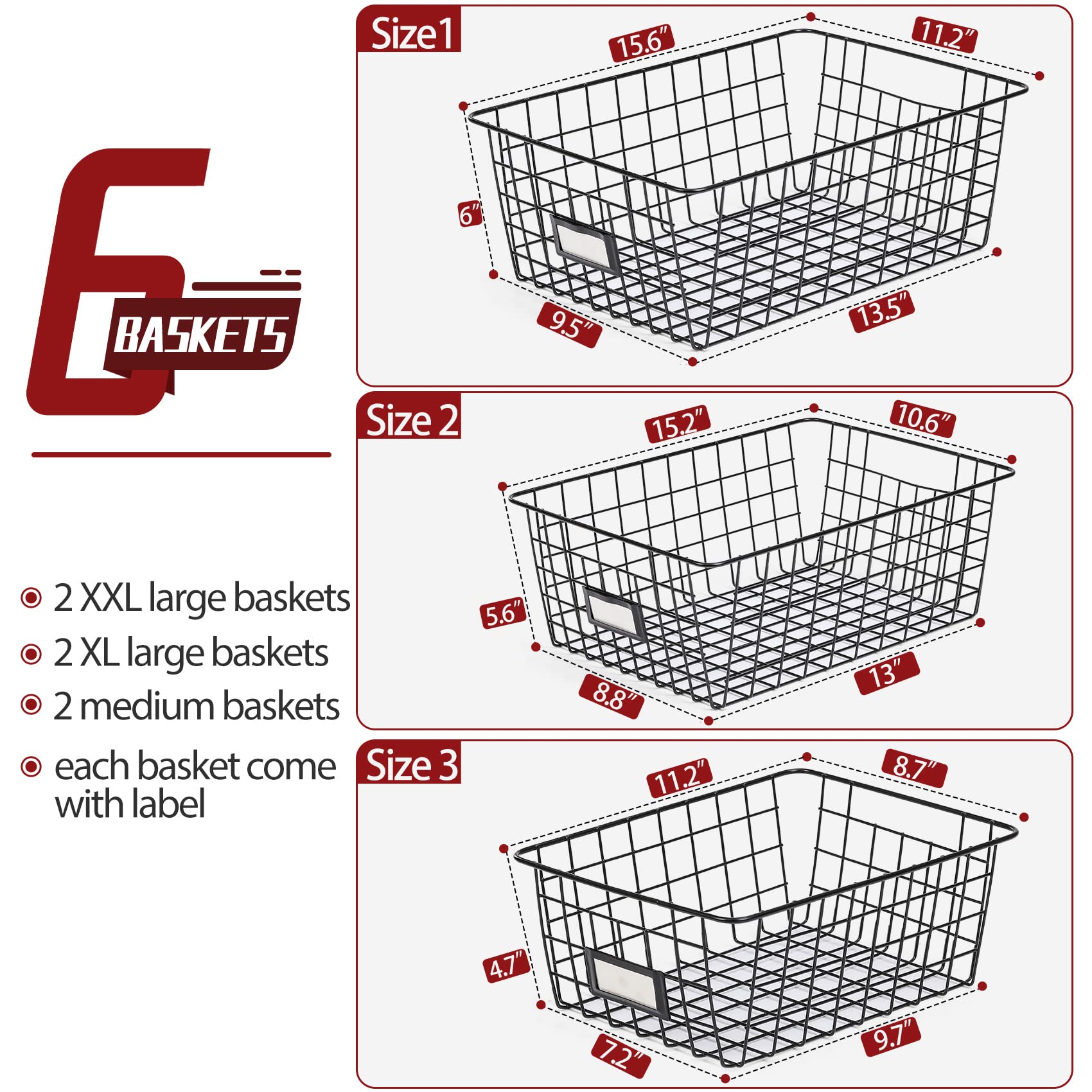 6 Pack Wire Baskets for Pantry Organization and Storage, Kitchen Organizer, 2 XXLarge & 2 XLarge & 2 Large