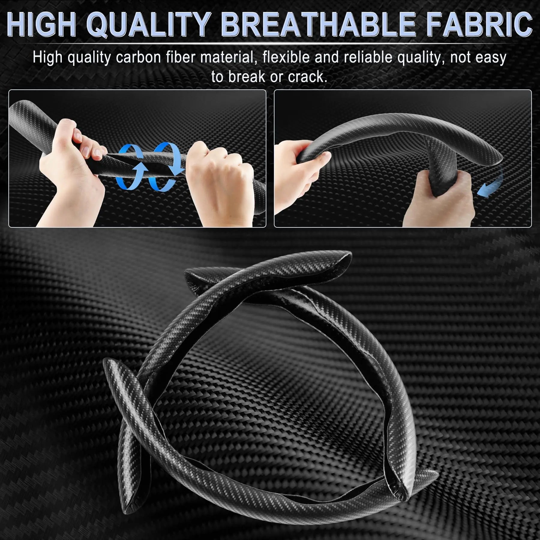 Amiss 3pcs Carbon Fiber Anti-Skid Steering Wheel Cover, Segmented & Butterfly Design, Universal 99% Car Wheel Cover Protector, Black