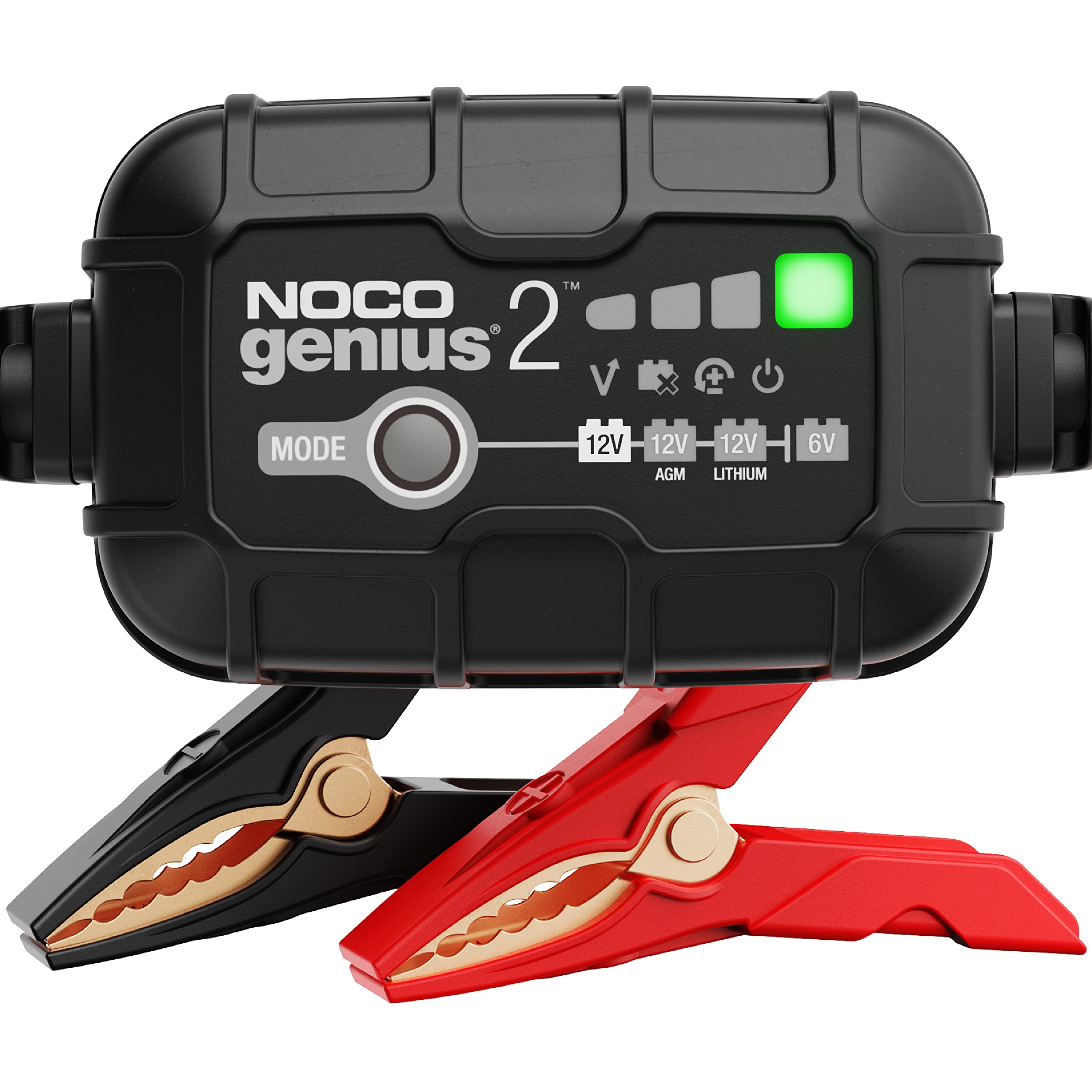 شاحن بطارية ذكي NOCO GENIUS2: 2 أمبير 6 فولت/12 فولت - جهاز صيانة تلقائي، وشاحن بطيء، ومزيل كبريتات مع حماية من الشحن الزائد وتعويض درجة الحرارة - لبطاريات الرصاص الحمضية والليثيوم