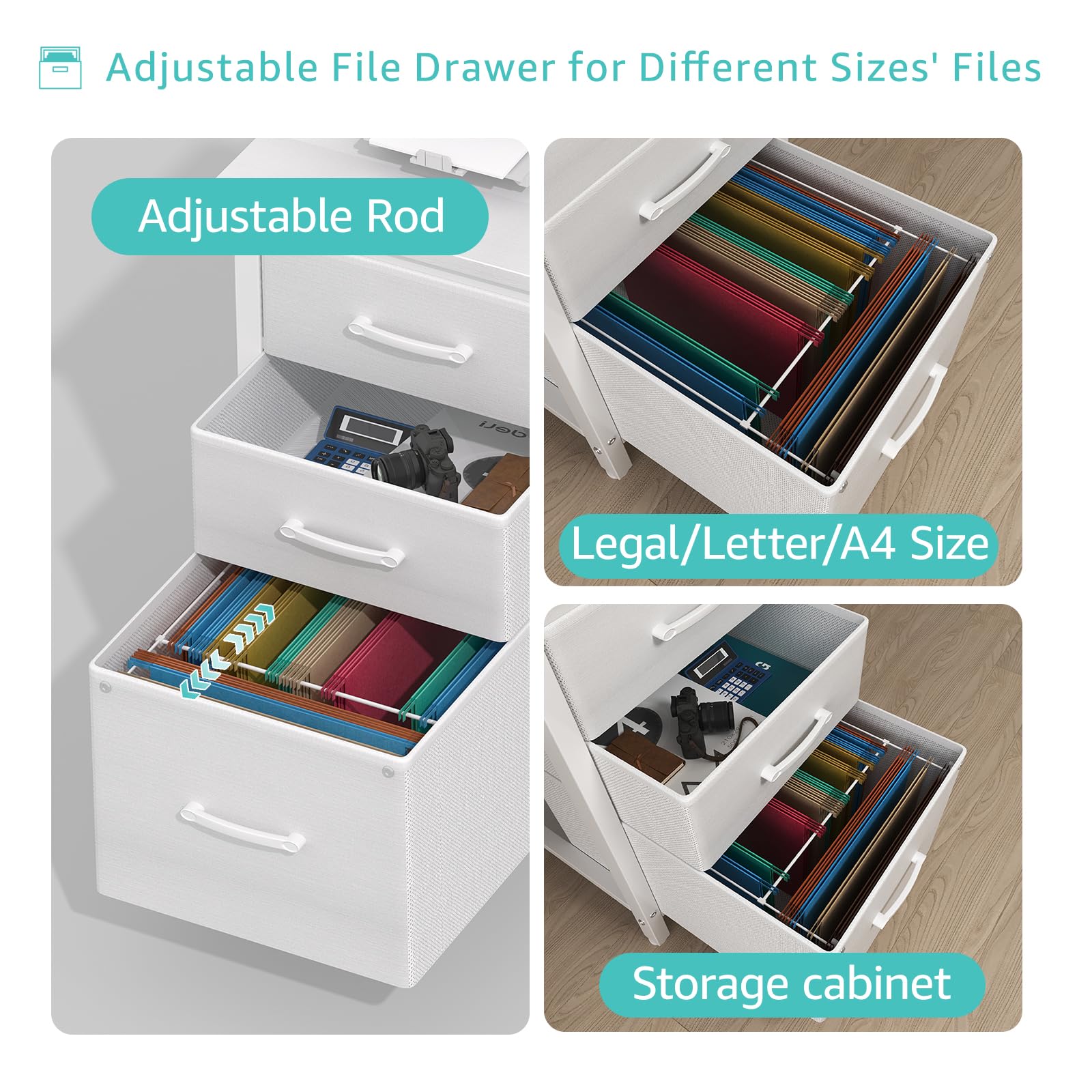 Lufeiya White Desk with Fabric File Drawers Cabinet, 47 Inch Reversible Computer Desk with Filing Cabinet for Bedroom Small Space Home Office, Modern Writing Table PC Desks, White