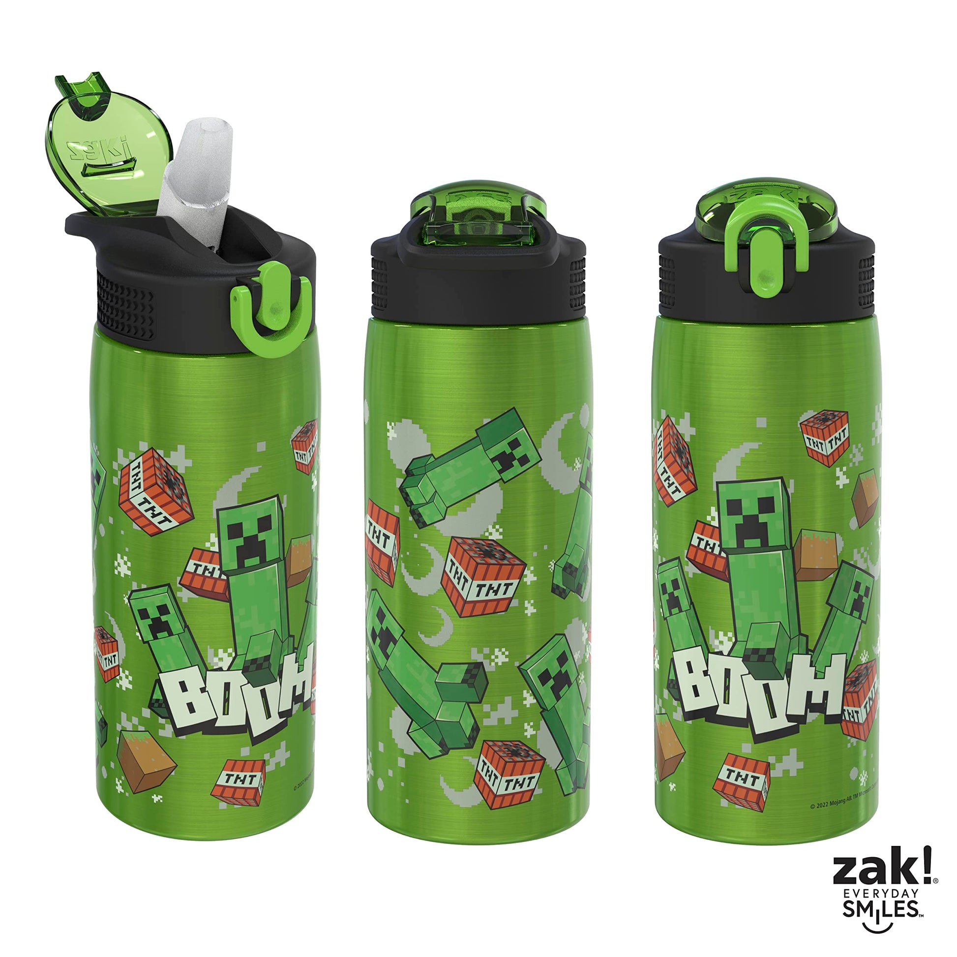 Zak Designs Minecraft Water Bottle for Travel and At Home, 19 oz Vacuum Insulated Stainless Steel with Locking Spout Cover, Built-In Carrying Loop, Leak-Proof Design (Creeper)