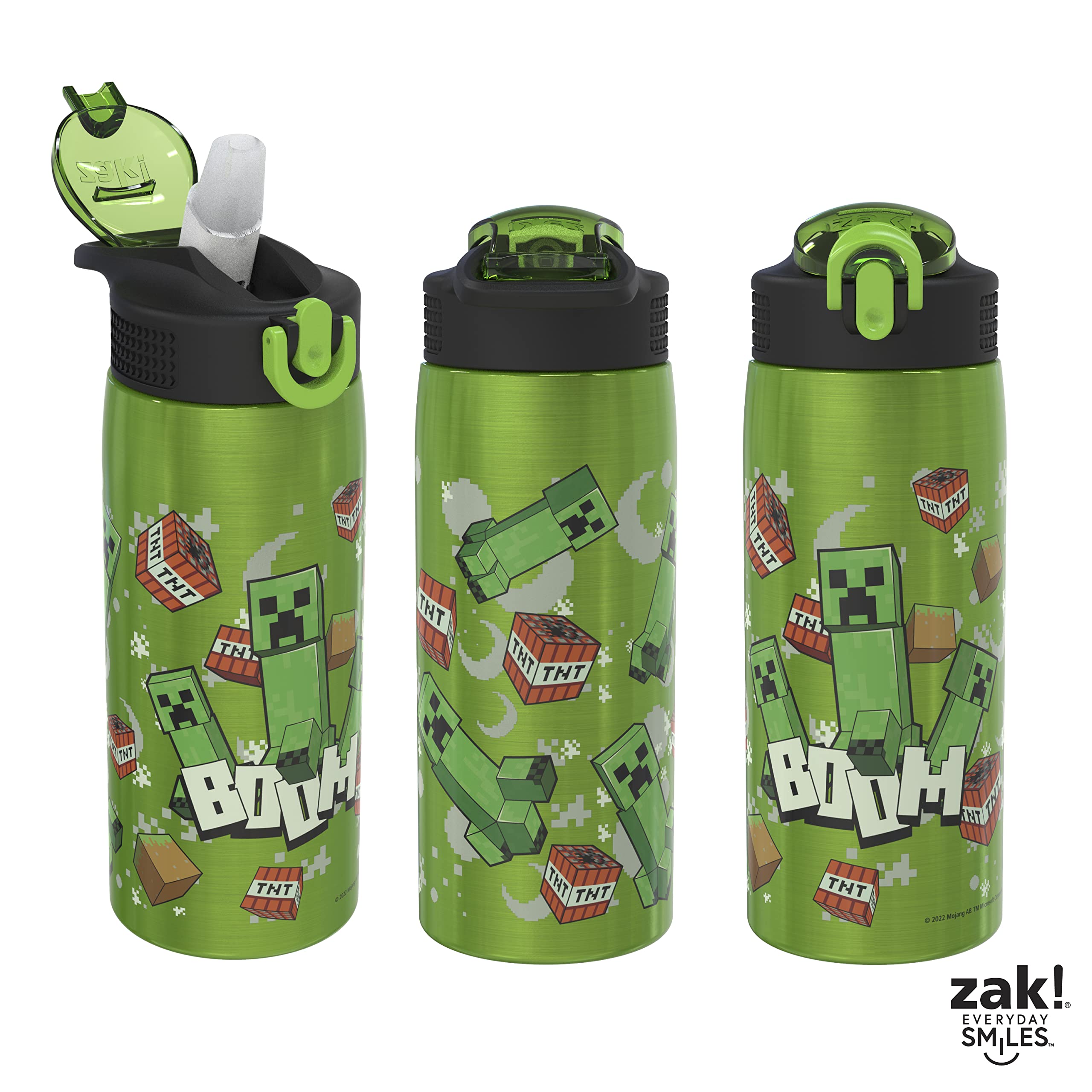 Zak Designs Minecraft Water Bottle for Travel and At Home, 19 oz Vacuum Insulated Stainless Steel with Locking Spout Cover, Built-In Carrying Loop, Leak-Proof Design (Creeper)
