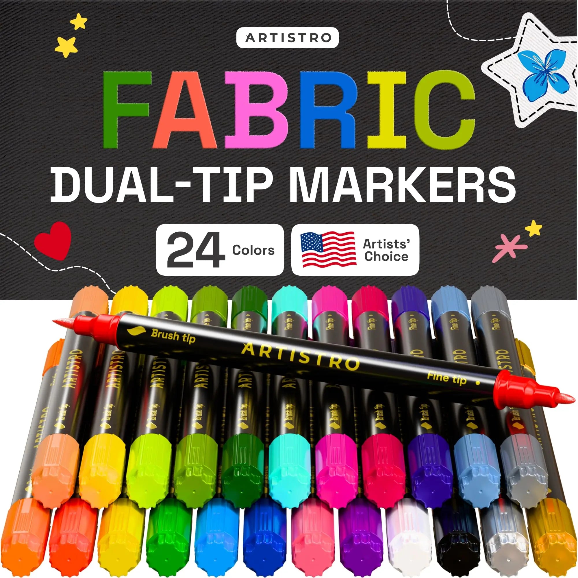 ARTISTRO 24 Dual-Tip Fabric Markers - Fabric Decorating Kit - Permanent for Clothes - Acrylic Paint Pens for Sneakers, Bags, Shoes, Textile, Canvas, Sewing, Craft, DIY, and More - Brush and Fine Tip