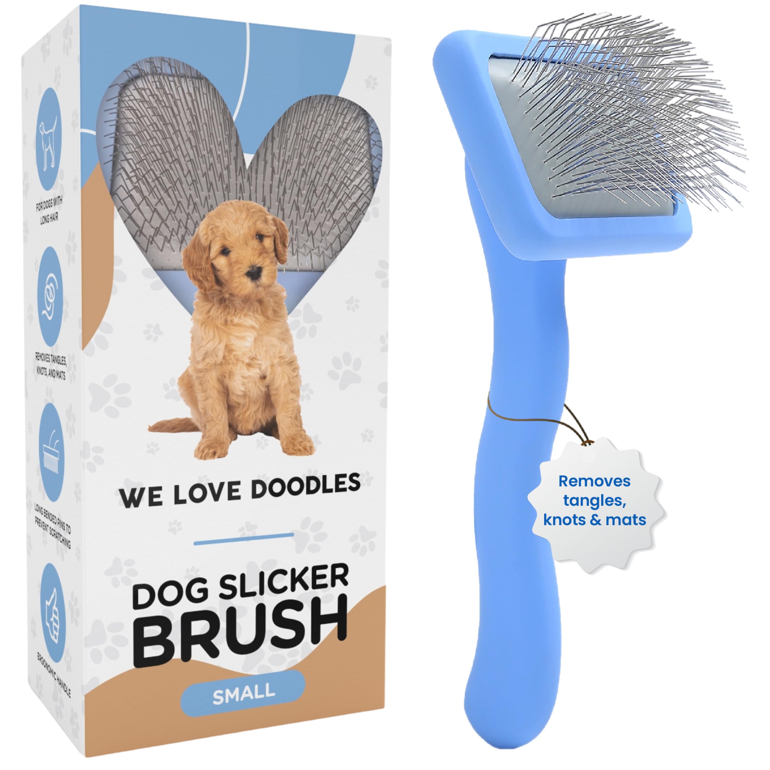 We Love Doodles Dog Slicker Brush for Grooming Pet Hair - Best Brushes For Poodle & Golden Doodle - Long Haired Brush For Dogs - Goldendoodle Long Pin Brush For Dematting (Large)