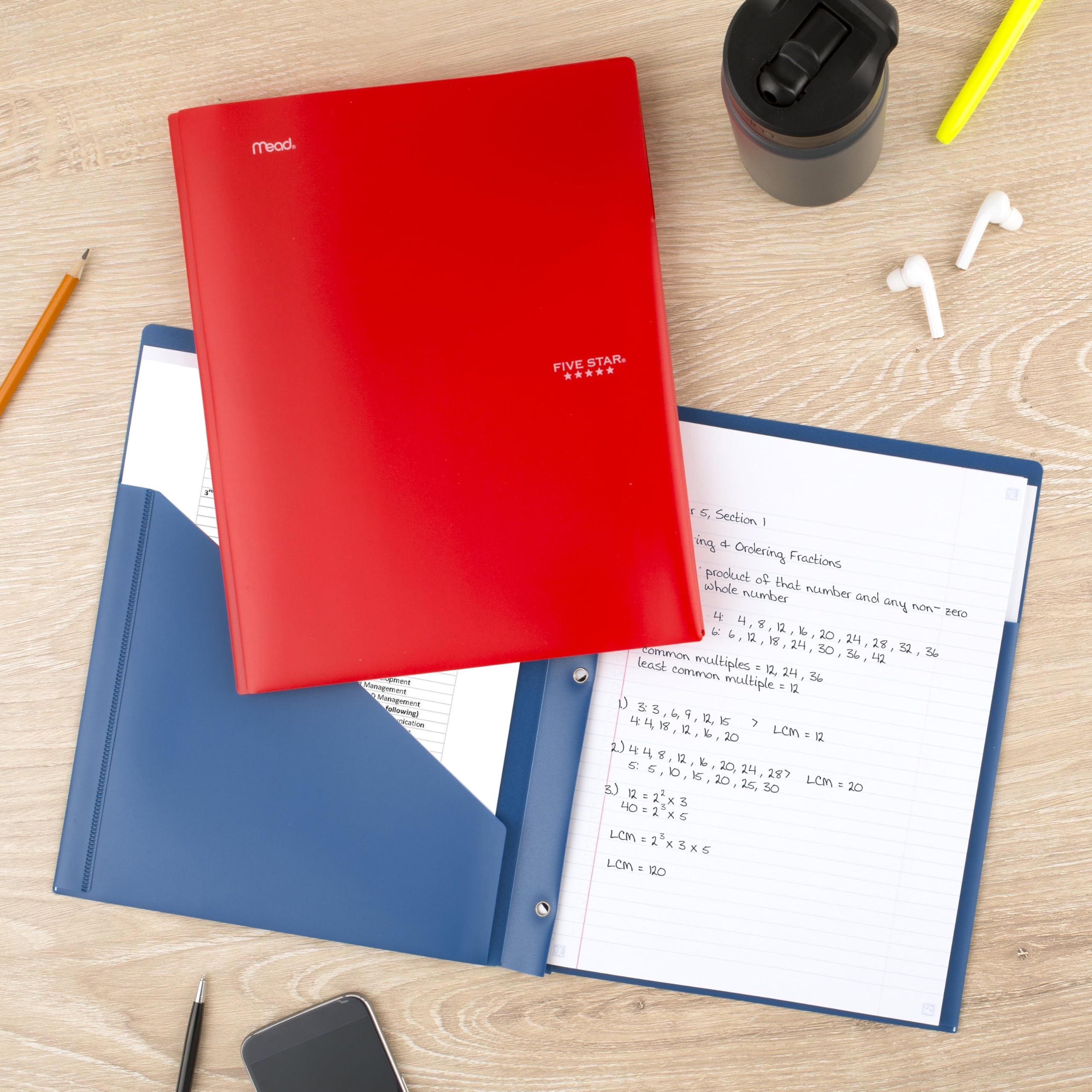 Five Star 2-Pocket Folder, 4 Pack, Plastic Folder with Prong Fasteners, Holds 8-1/2" x 11" Paper, Black, Fire Red, Forest Green, Pacific Blue (38140)