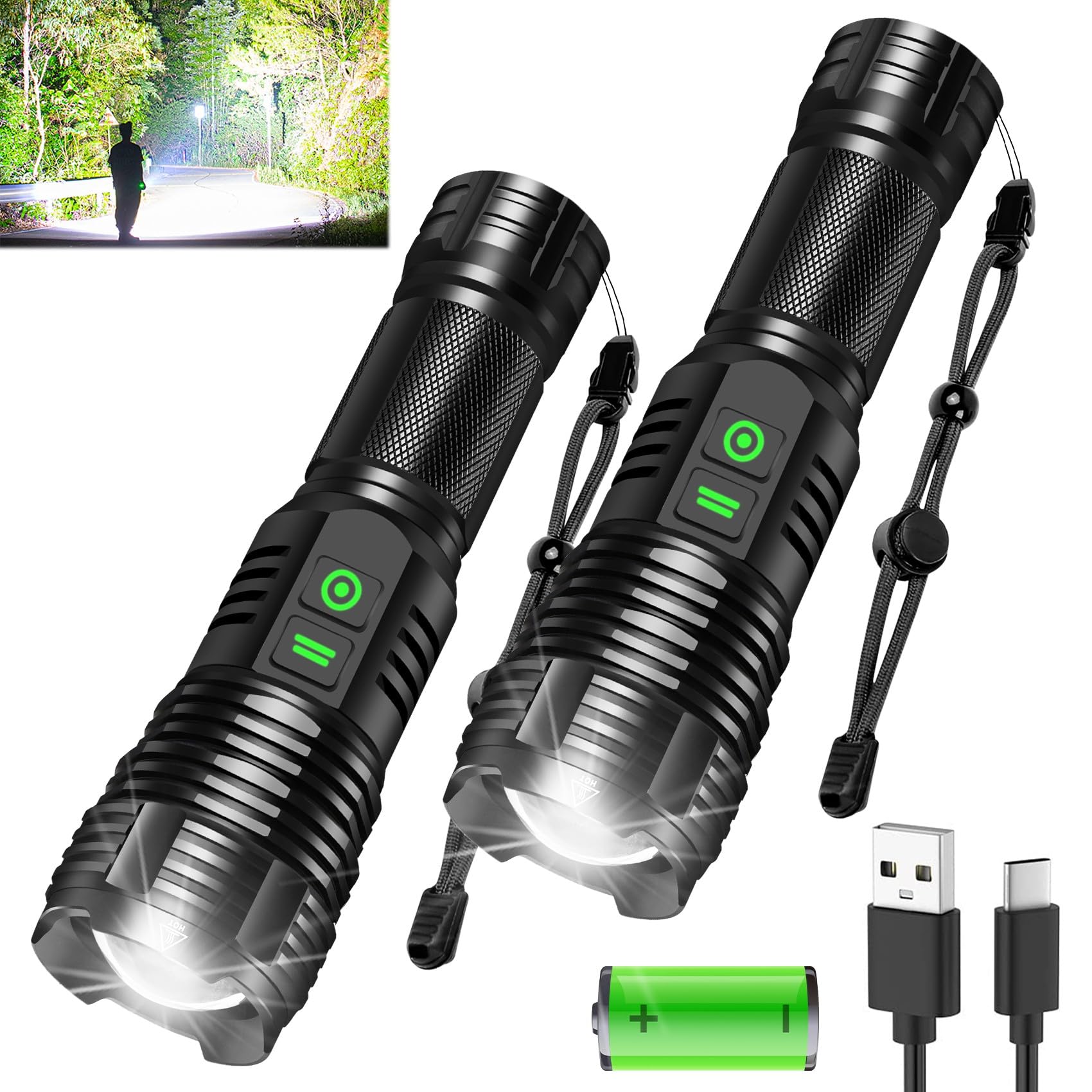 2Pack Rechargeable Flashlights, 100000 High Lumens Super Bright Led Tactical Flashlight with 5 Modes, High Power Waterproof Dual Button/Dual interfaceFlashlight for Emergency, Outdoor, Camping