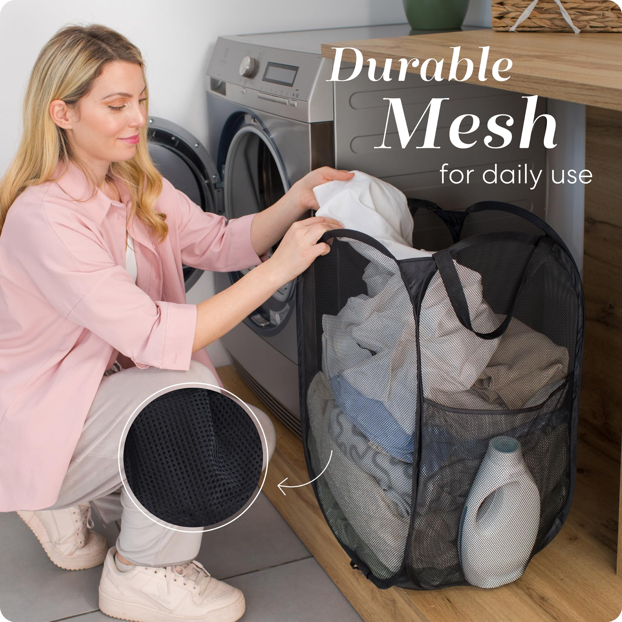 Handy Laundry Collapsible Mesh Pop Up Hamper with Wide Opening and Side Pocket - Breathable, Sturdy, Foldable, and Space-Saving Design for Clothes and Storage (Black)