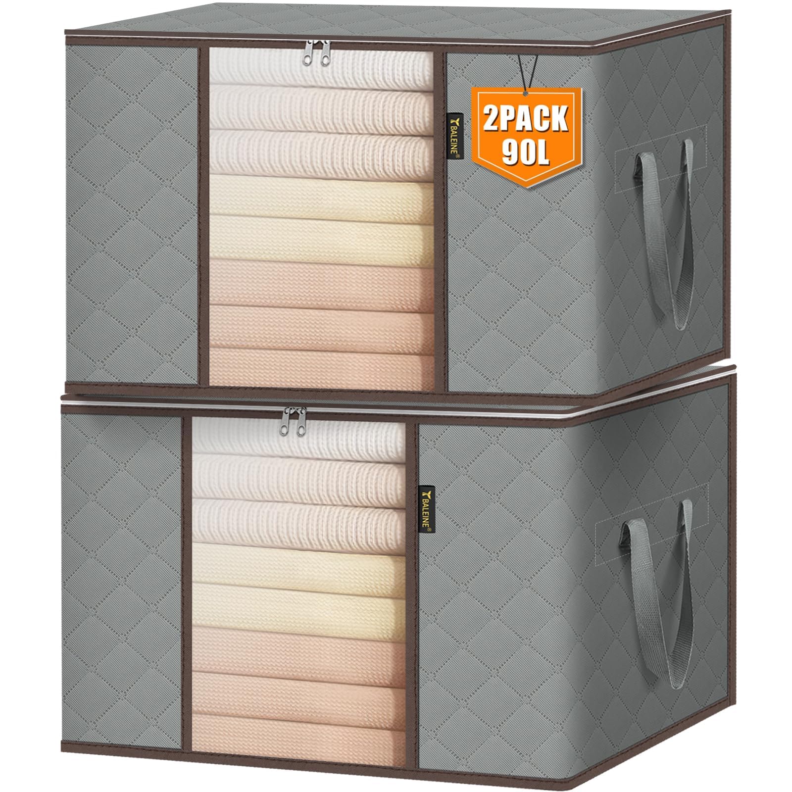 BALEINE 2 Pack Clothes Storage Bags, 24 Gallon Storage Containers with Reinforced Handle, Sturdy Zipper, Closet Organizer for Blanket, Comforter, Pillow, Bedding (Grey, 2 Pack)