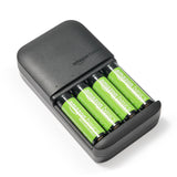 Amazon Basics - 4 Bay Battery Charger for AA & AAA Rechargeable Batteries with Rechargeable AA NiMh Batteries, 4 Count (Pack of 1), Type A (American) Plug, Black