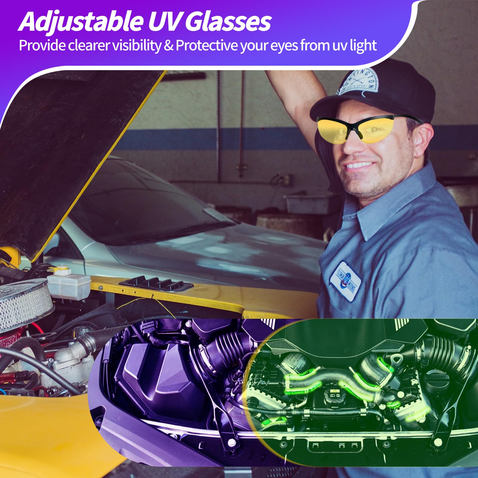 REALHUNLEE Air Conditioner UV Dye Leak Detector, Pro Auto Oil AC UV Dye Leak Test Detection Tool Kit 68 LED A/C UV Flashlight Detector with Protective Glasses