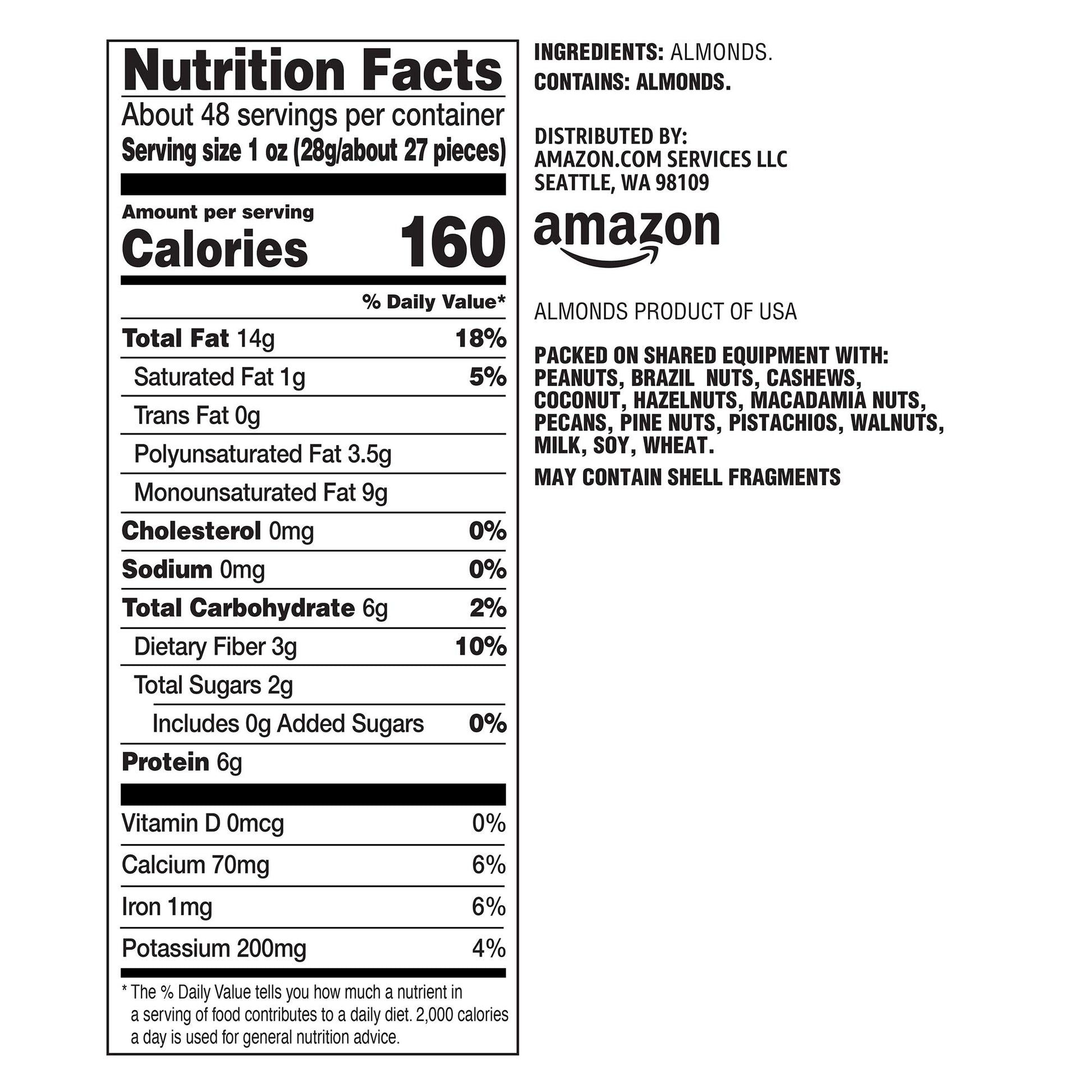 Amazon Brand - Happy Belly Whole Raw Almonds, 48 ounce (Pack of 1)