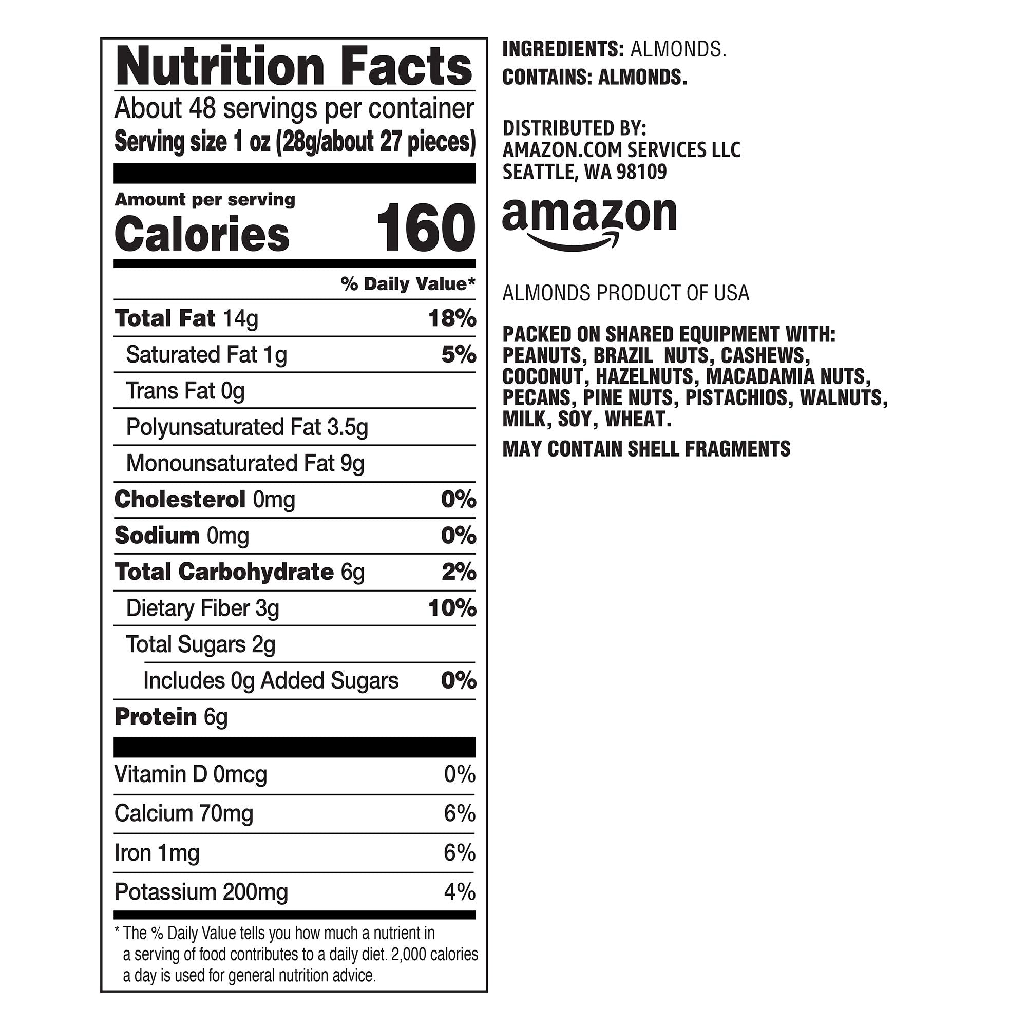 Amazon Brand - Happy Belly Whole Raw Almonds, 48 ounce (Pack of 1)