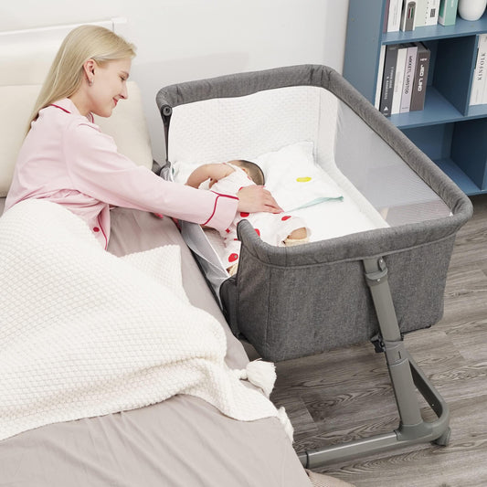 Pamo babe Baby Bassinet Bedside Sleeper for Newborn Bed Crib with Breathable Mesh Sides Co-Sleeping Bedside Crib for Infant Breastfeeding with Height-Adjustable and Wheels, Z-Type Stable Frame