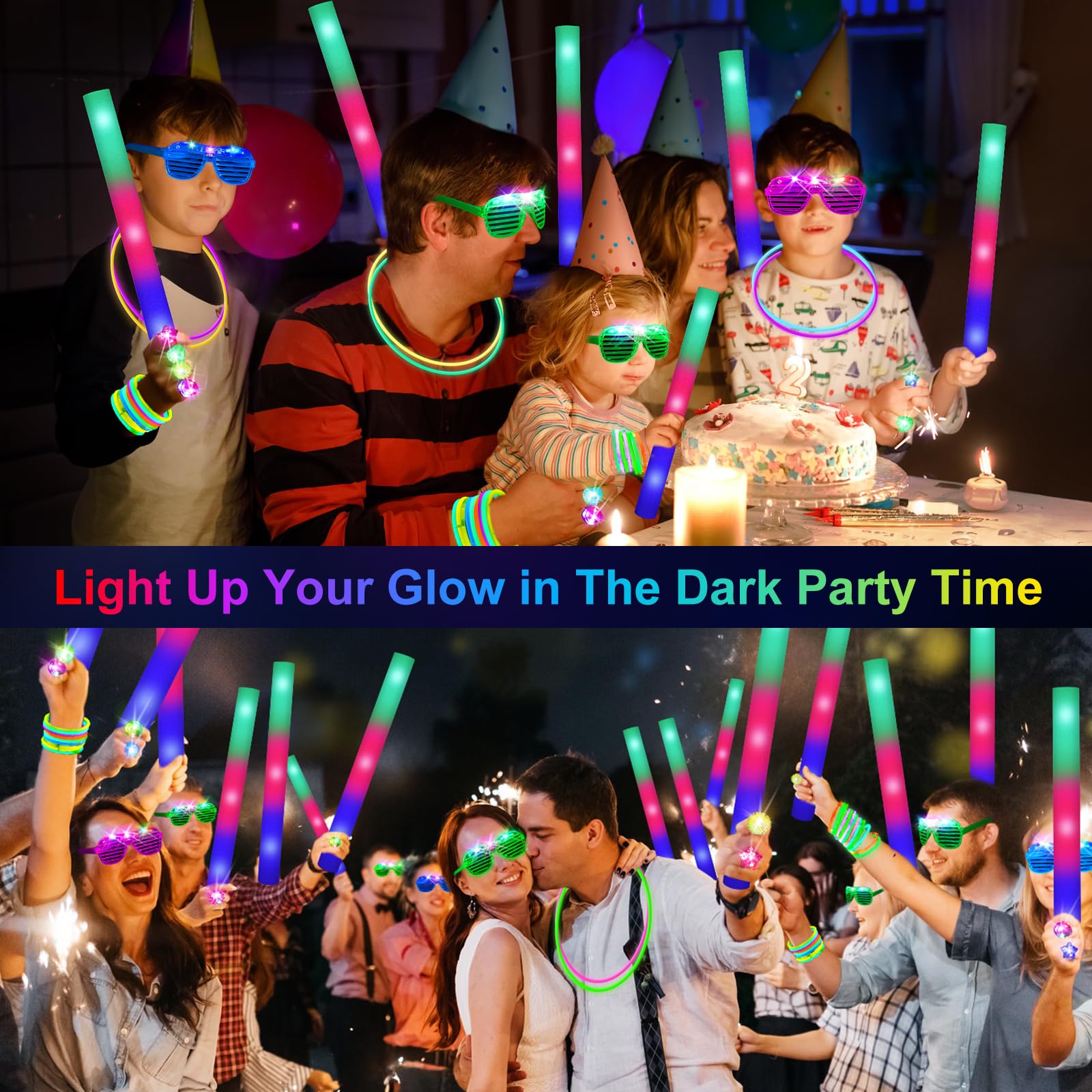 OLUPP 150 PCS Glow in the Dark Party Supplies, 16 Foam Sticks, 16 LED Glasses, 100 Glow Sticks and 18 Finger Lights for Neon Party, Wedding, Birthday, Concert, New Year, Carnivals, Raves