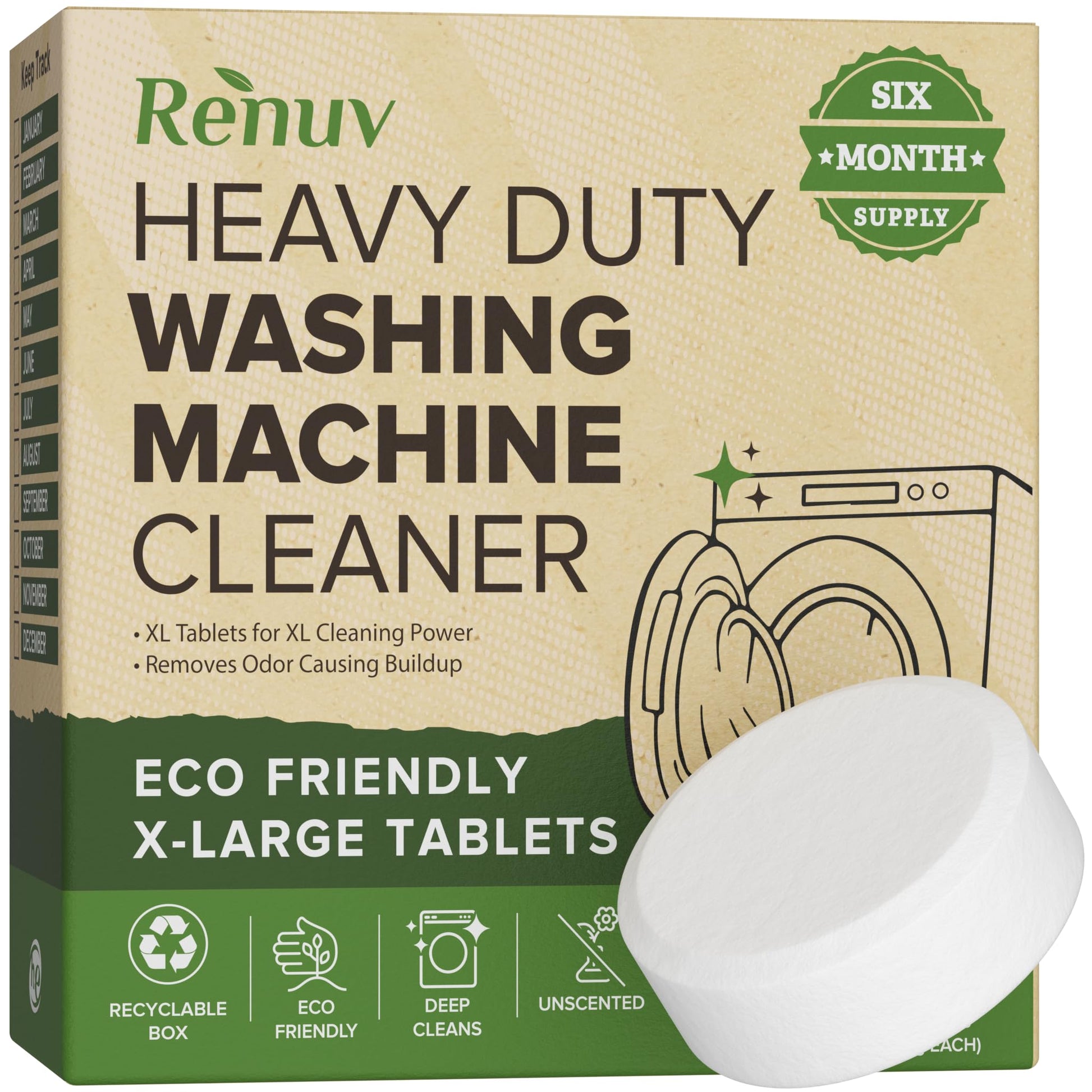Renuv Heavy Duty Washing Machine Cleaner Descaler Tablets - Deep Cleaning for Front Load, Top Load Washer, HE (6 XL Tablets - 6 Months Supply)