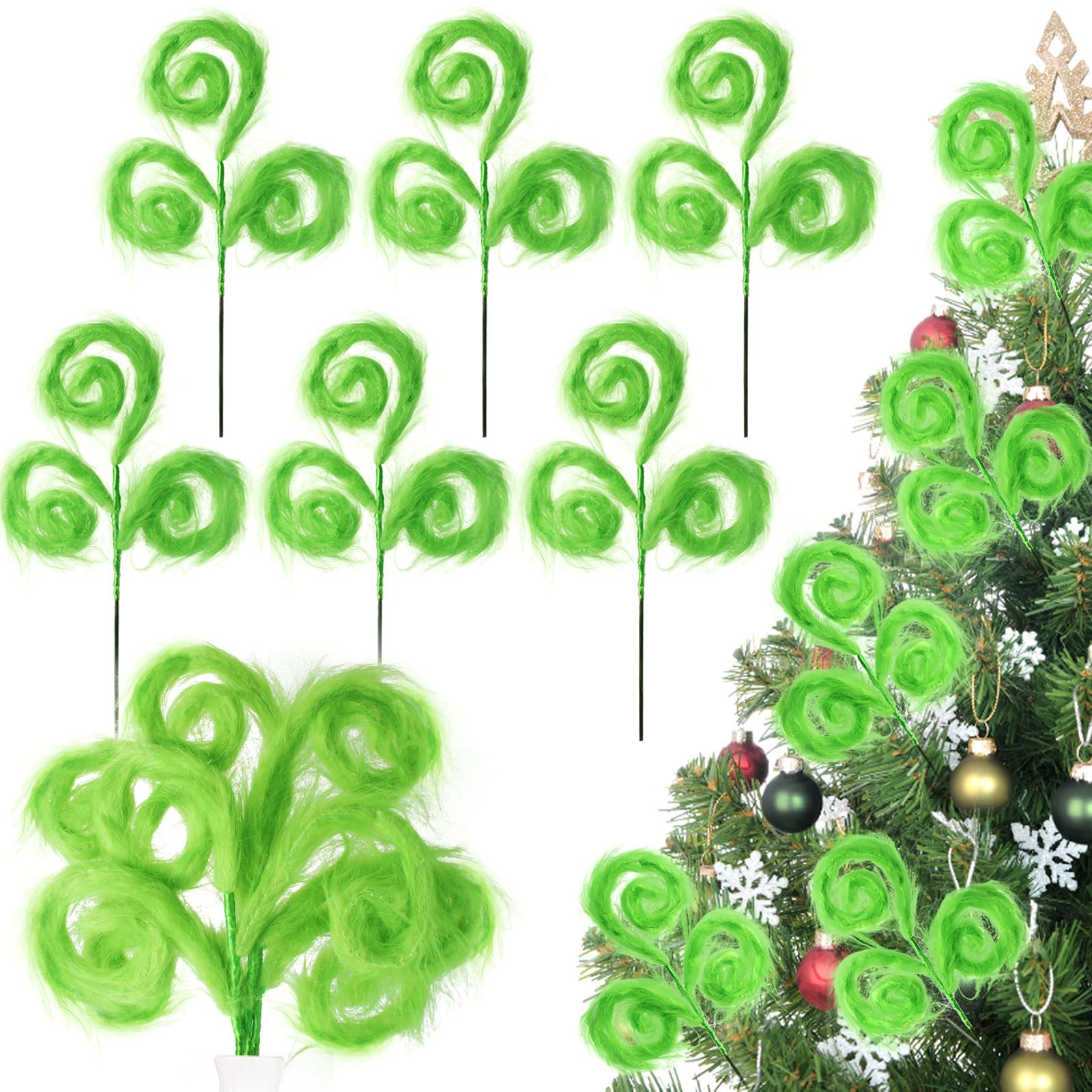 Vloso 6 Pcs Christmas Tree Topper,17 Inch Christmas Tree Picks,Green Furry Christmas Tree Ornament for Christmas Tree Decorations