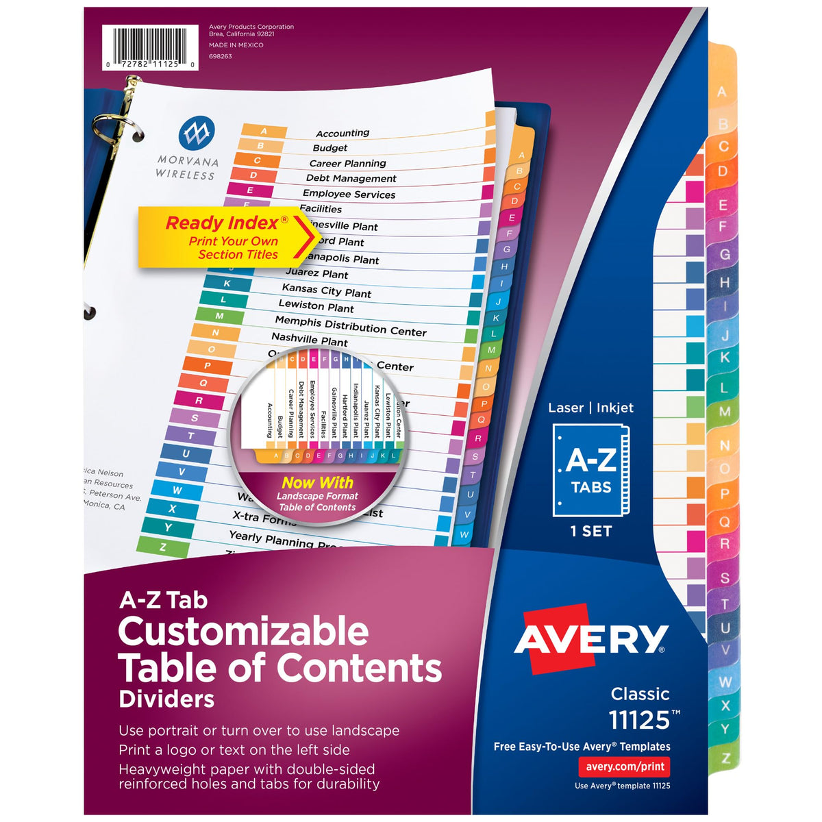 Avery A-Z Registerblätter für 3-Ring-Ordner, anpassbares Inhaltsverzeichnis, mehrfarbig, 1 Set (11125)