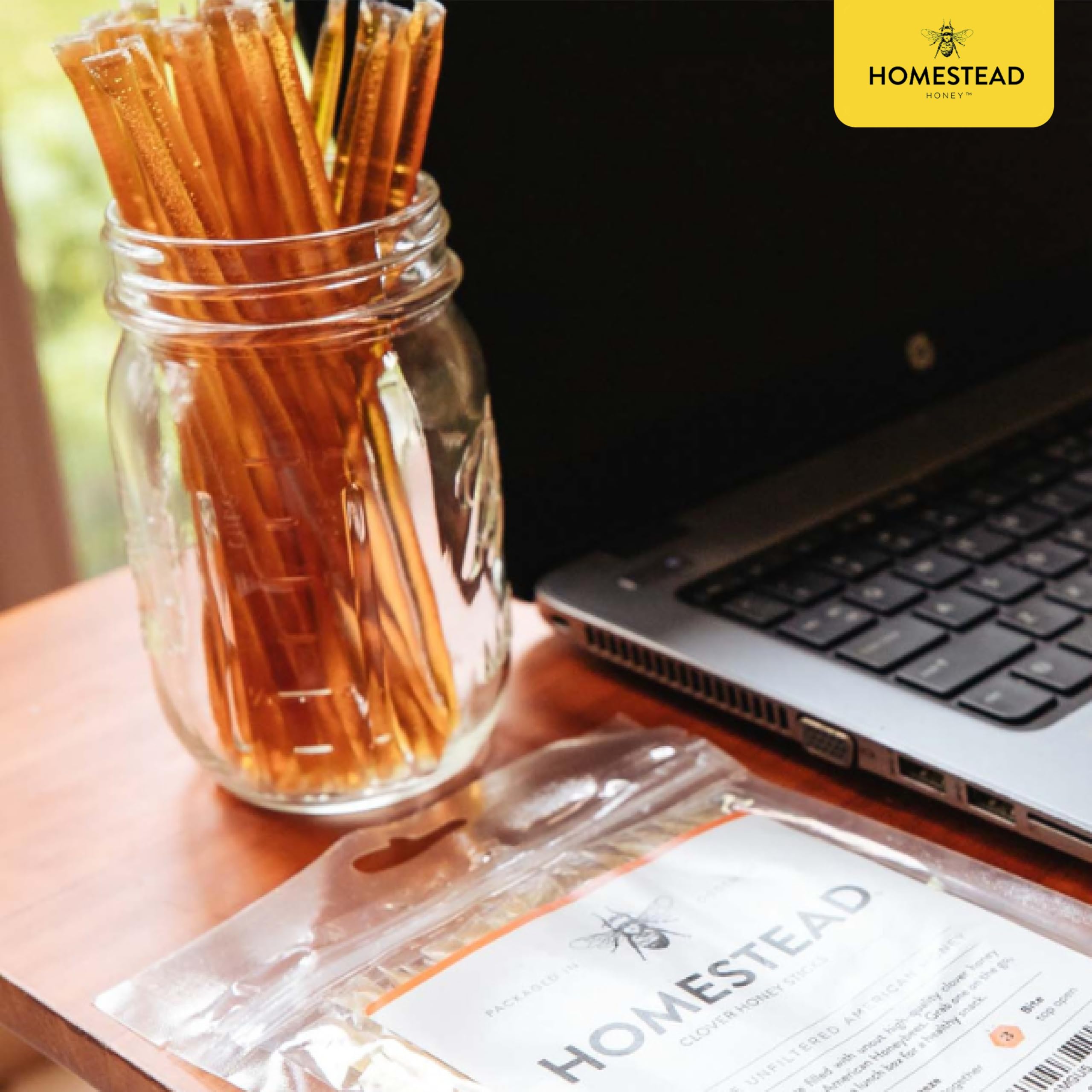 Homestead Honey Native Honey Sticks for Tea - 50-Pack Bulk Honey Packets, Single Serve - Pure Wildflower Honey Straws - Easy-to-Open Honeycomb Stir Sticks for On-the-Go, Snacks, and Travel