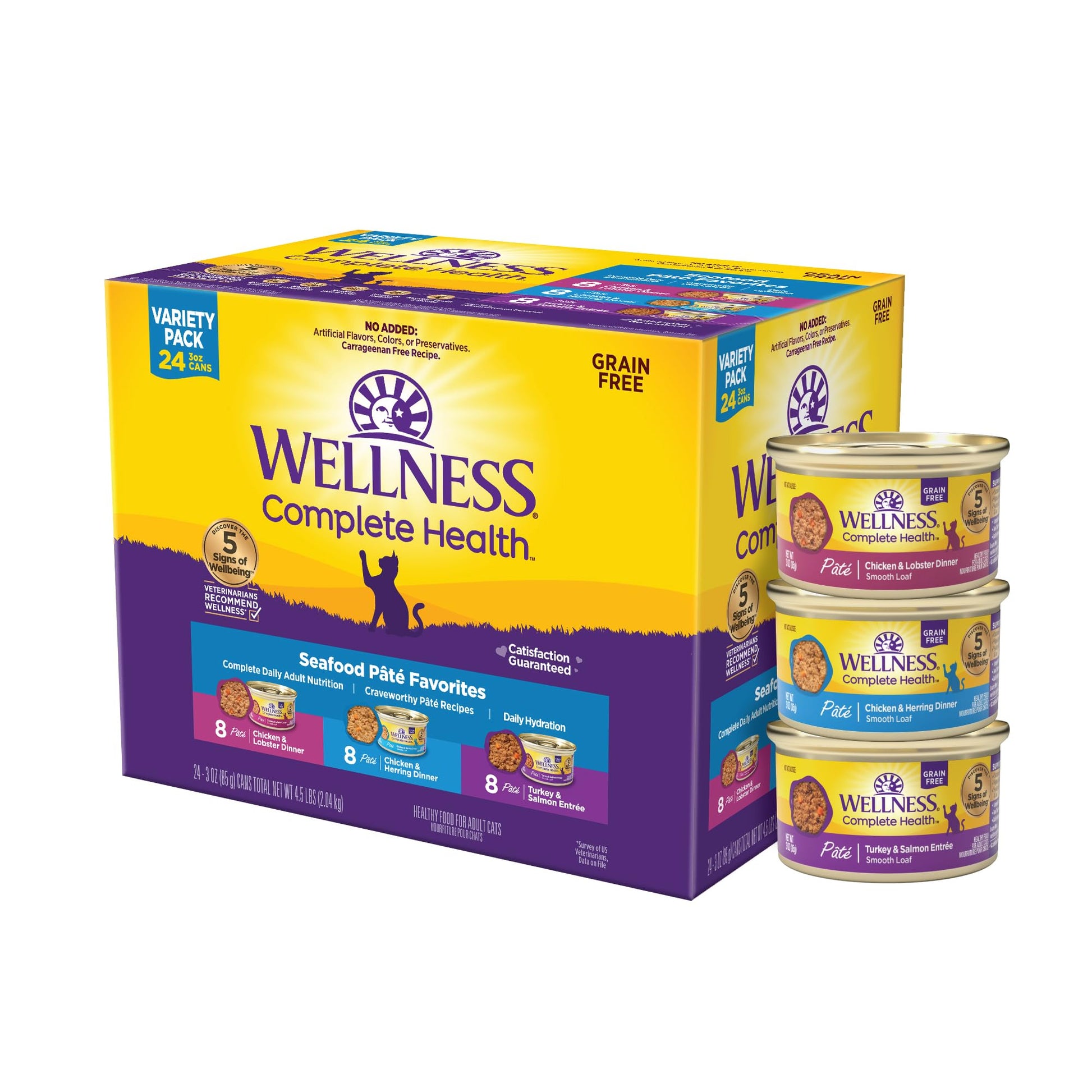Wellness Complete Health Grain-Free Wet Canned Cat Food, Chicken & Turkey Lovers Minced and Gravies Variety Pack, 3 Ounces (Pack of 24)