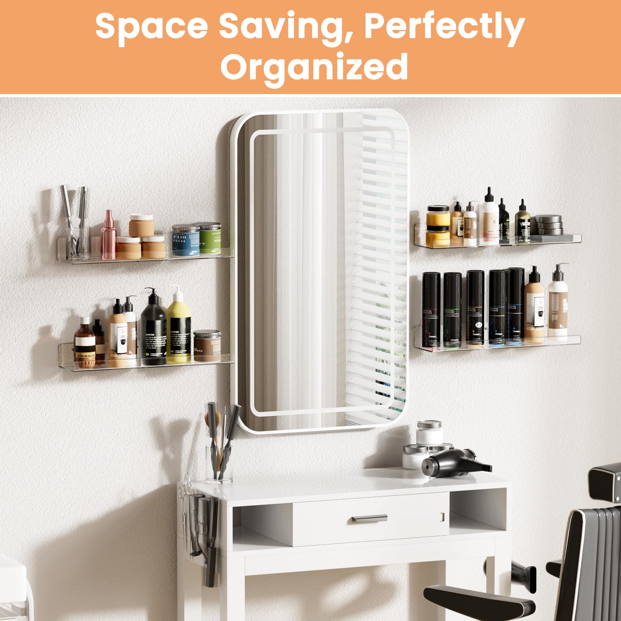 upsimples Acrylic Shelves for Bathroom Storage, 15" Floating Shelves Wall Organizer for Perfume, Make up, Skincare, Kids Bookshelf for Bedroom, Nursery, Living Room Decor, Clear, 4 Pack