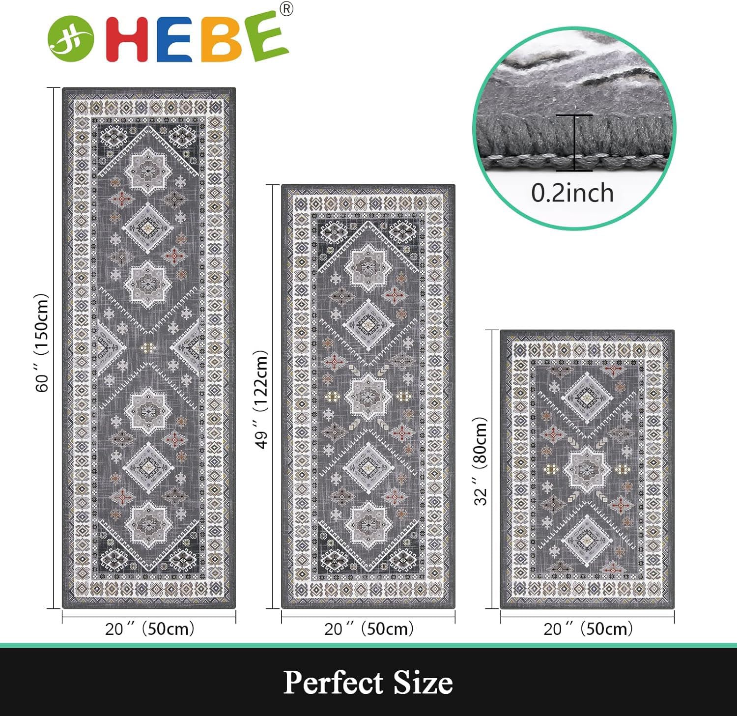 HEBE Boho Kitchen Rug Sets 3 Piece with Runner Non Slip Kitchen Rugs and Mats Washable Kitchen Mats for Floor Thick Kitchen Floor Mat Carpet Runner Rugs for Hallway Laundry Holiday Decor