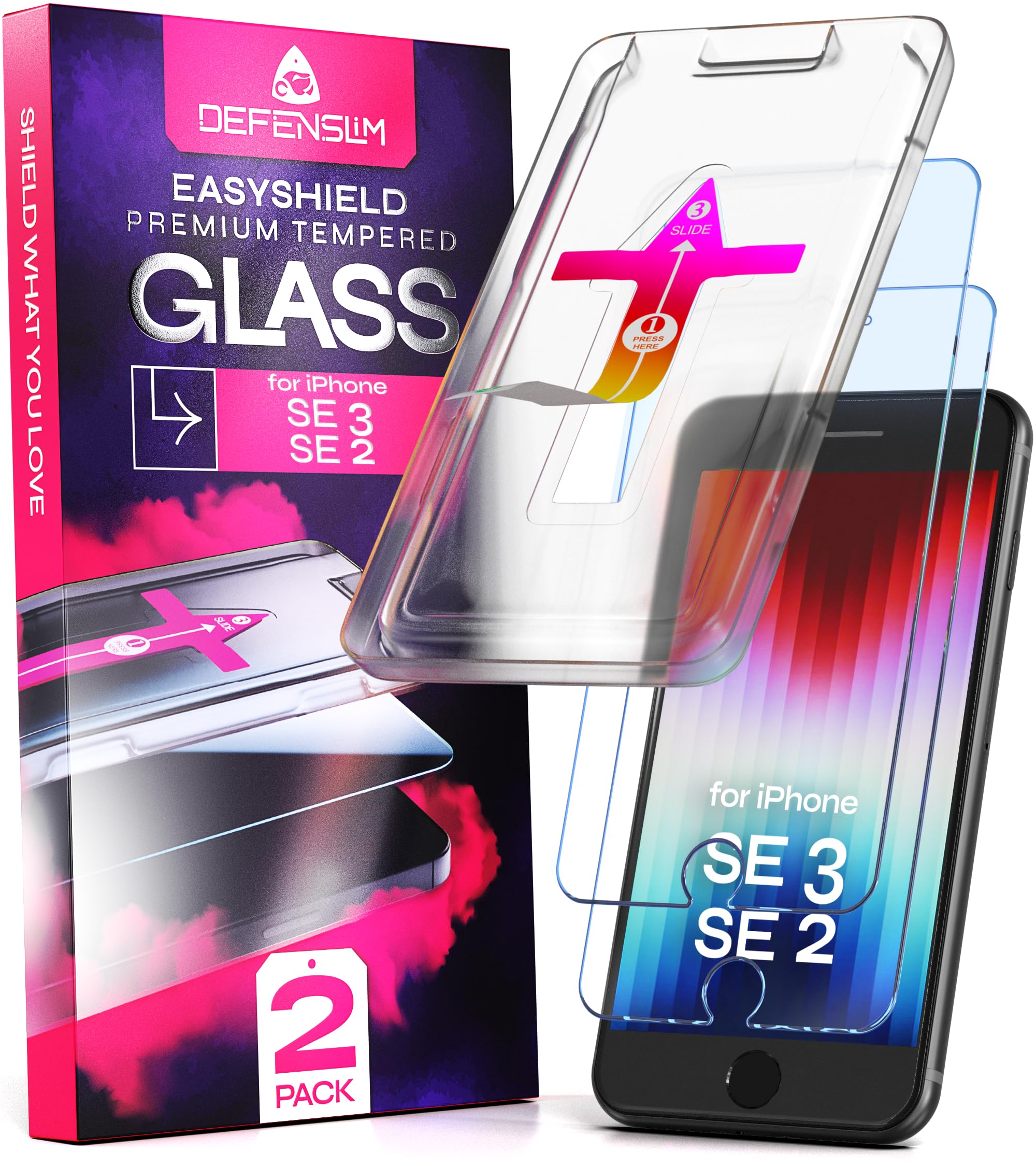 Defenslim Screen Protector compatible with iPhone SE 3 / SE 2 (2Pack), Easy Auto-Align Install Kit, 4.7" Tempered Glass, 9H Hardness, Ultra HD Clear, Case Friendly, EasyShield