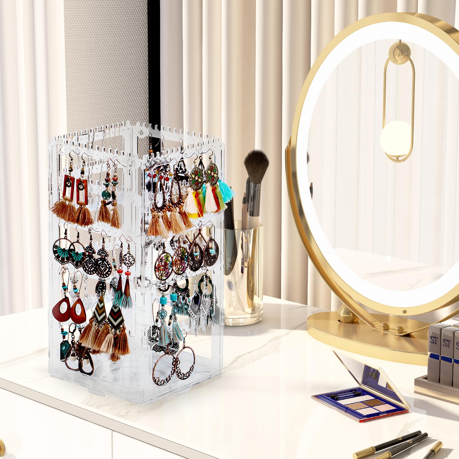 17Dec 360 Rotating Earring Holder Organizer Stand,5 Tiers Acrylic Jewelry Organizers and Storage,Stud Earring Organizers and Storage,228 Holes and 232 Grooves for Earrings Necklaces chain bracelet