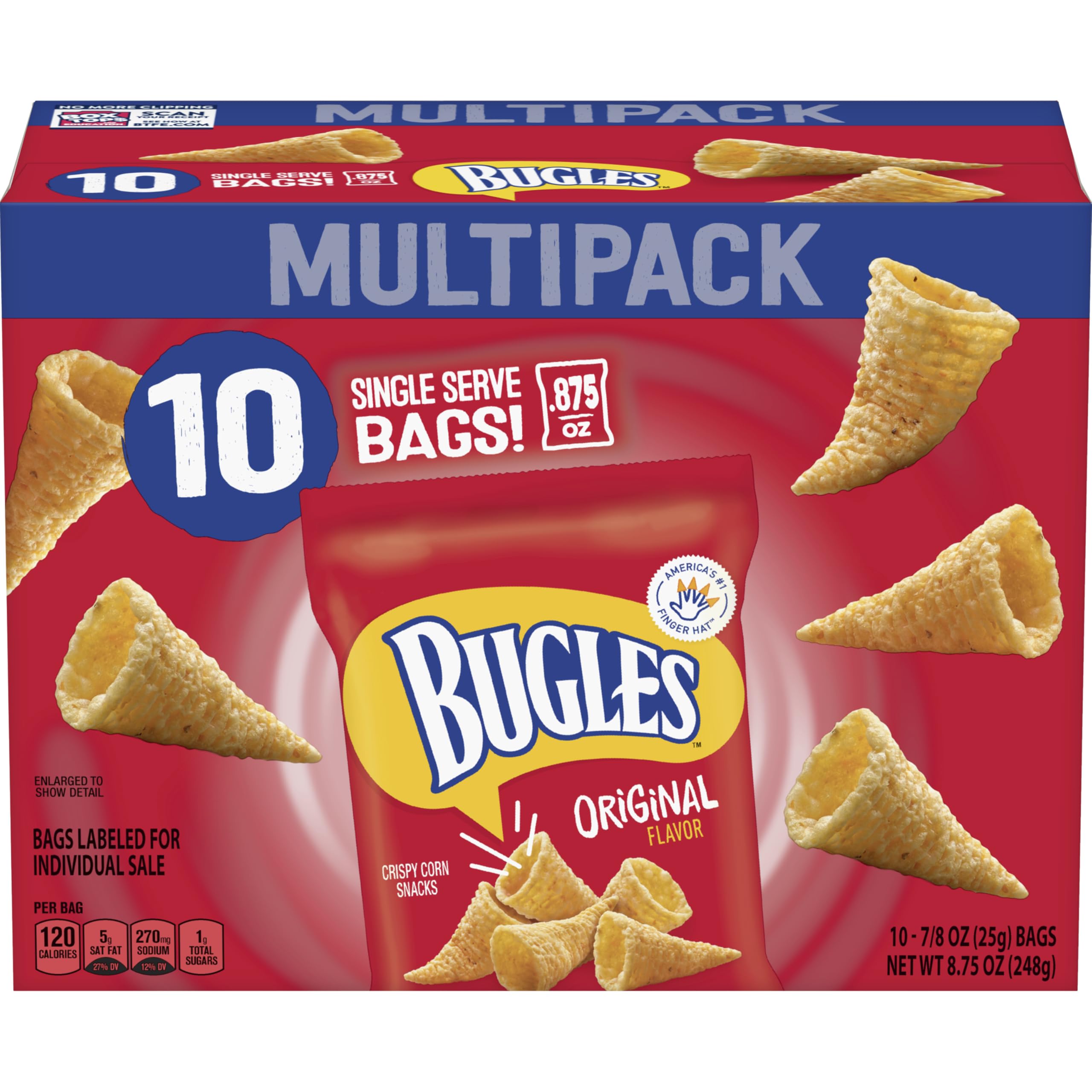 Bugles Original Crispy Corn Snacks, Snack Bags Multipack, 10 Ct, 8.75 oz