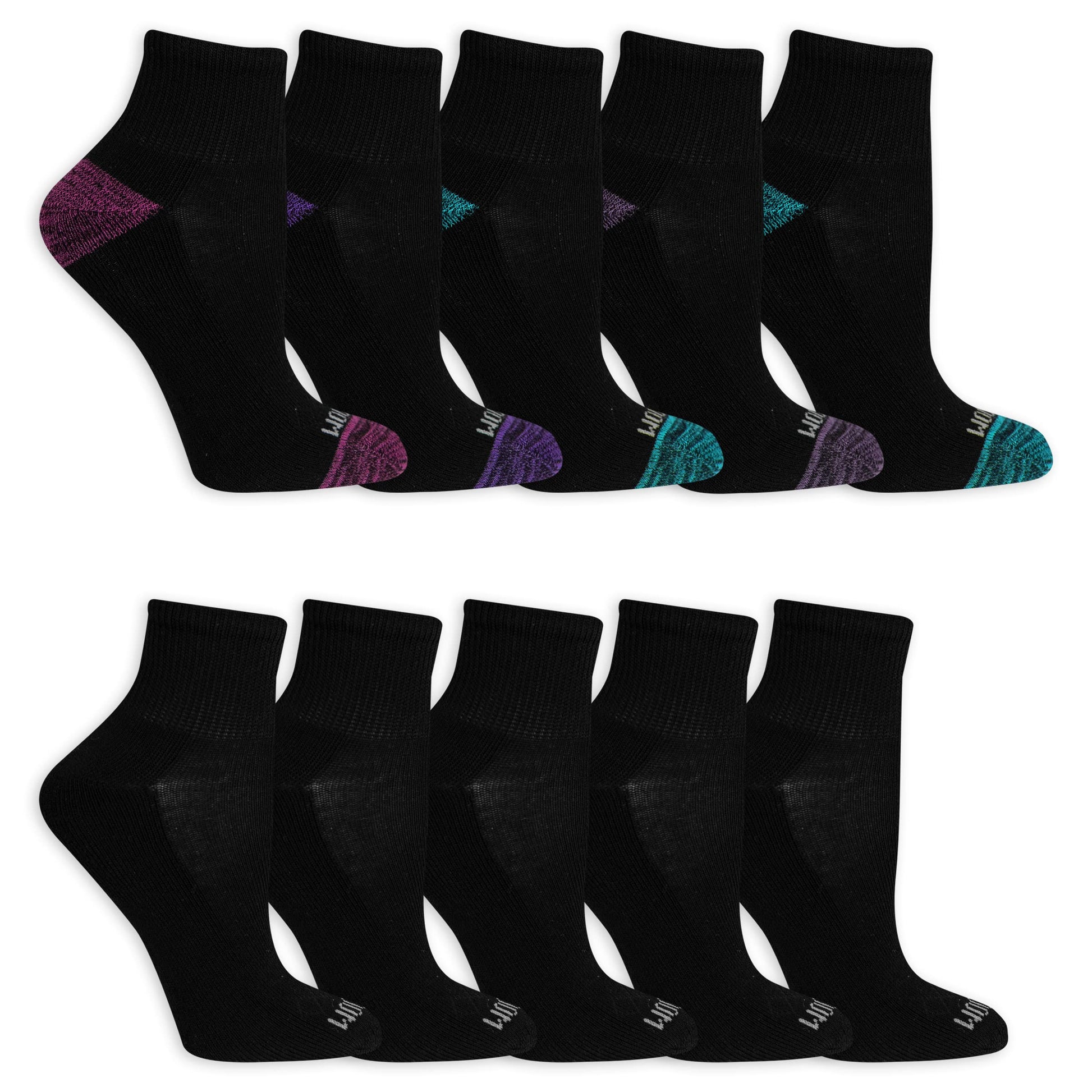 Fruit of the Loom Women Everyday Active Sport Ankle Socks (10 Pack), Black Assorted, 8-12