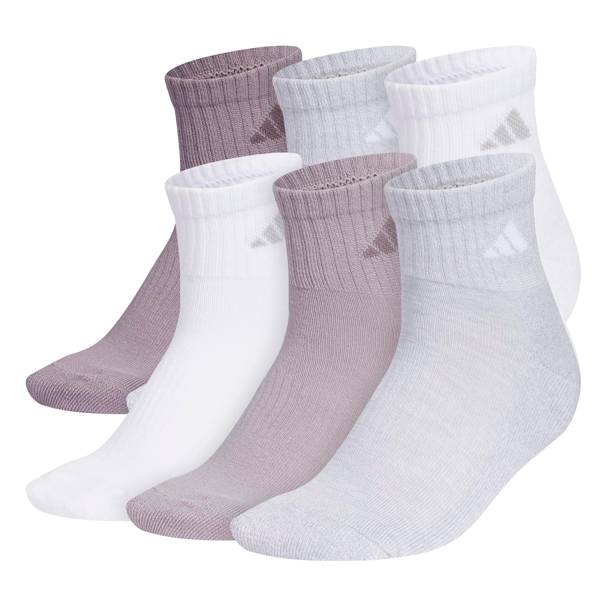 adidas Women's Ankle Socks, Athletic Cushioned Quarter Fit, 6-Pack, Durable, Comfortable, Cooling, with Compression, Preloved Fig Purple/Clear Onix Grey/White, M