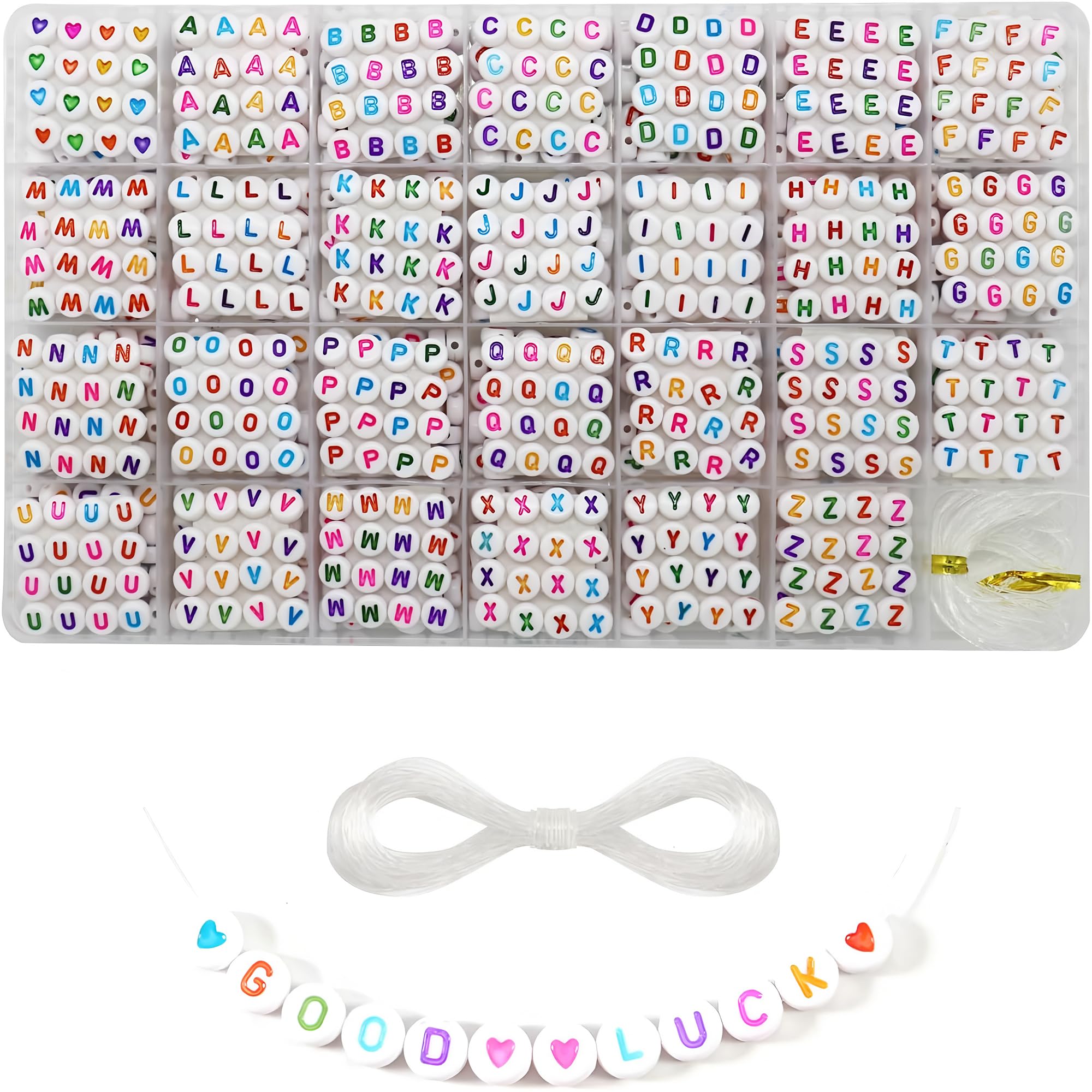 1400 Pieces 4x7mm White Round Acrylic Alphabet Letter Beads A-Z Heart Pattern Beads and Crystal Line for Jewelry Making Bracelets Necklaces Key Chains