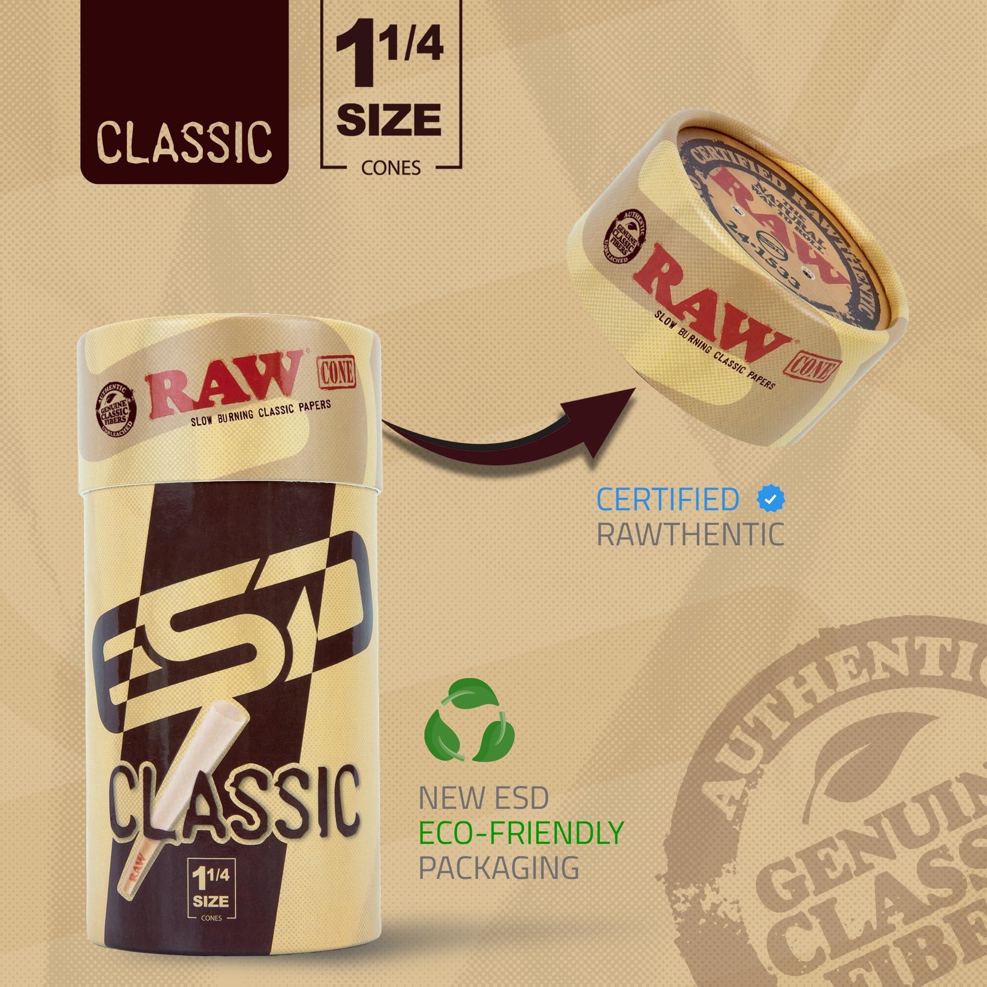 RAW Cones Classic 1-1/4 Size - 50 Pack - Slow Burning Pre Rolled Cones made of Paper with Tips & Packing Tubes Included